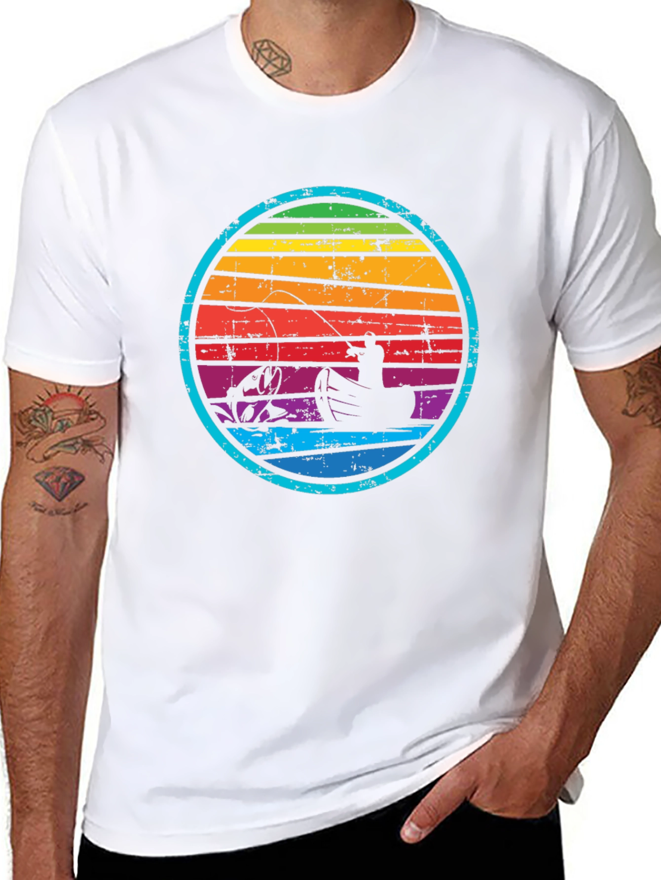 Retro Fishing T-Shirt - Rainbow Sunset Design