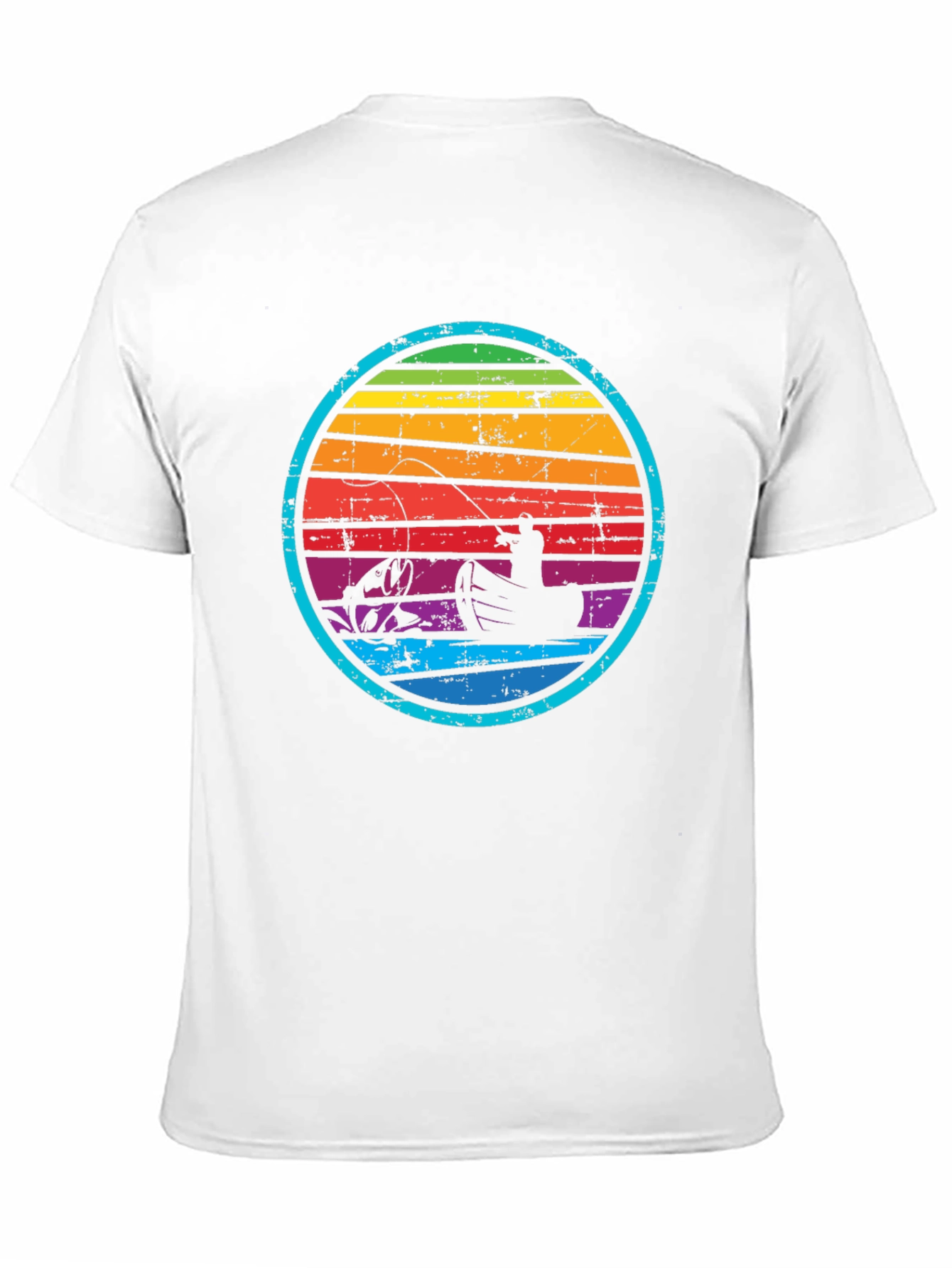 Retro Fishing T-Shirt - Rainbow Sunset Design