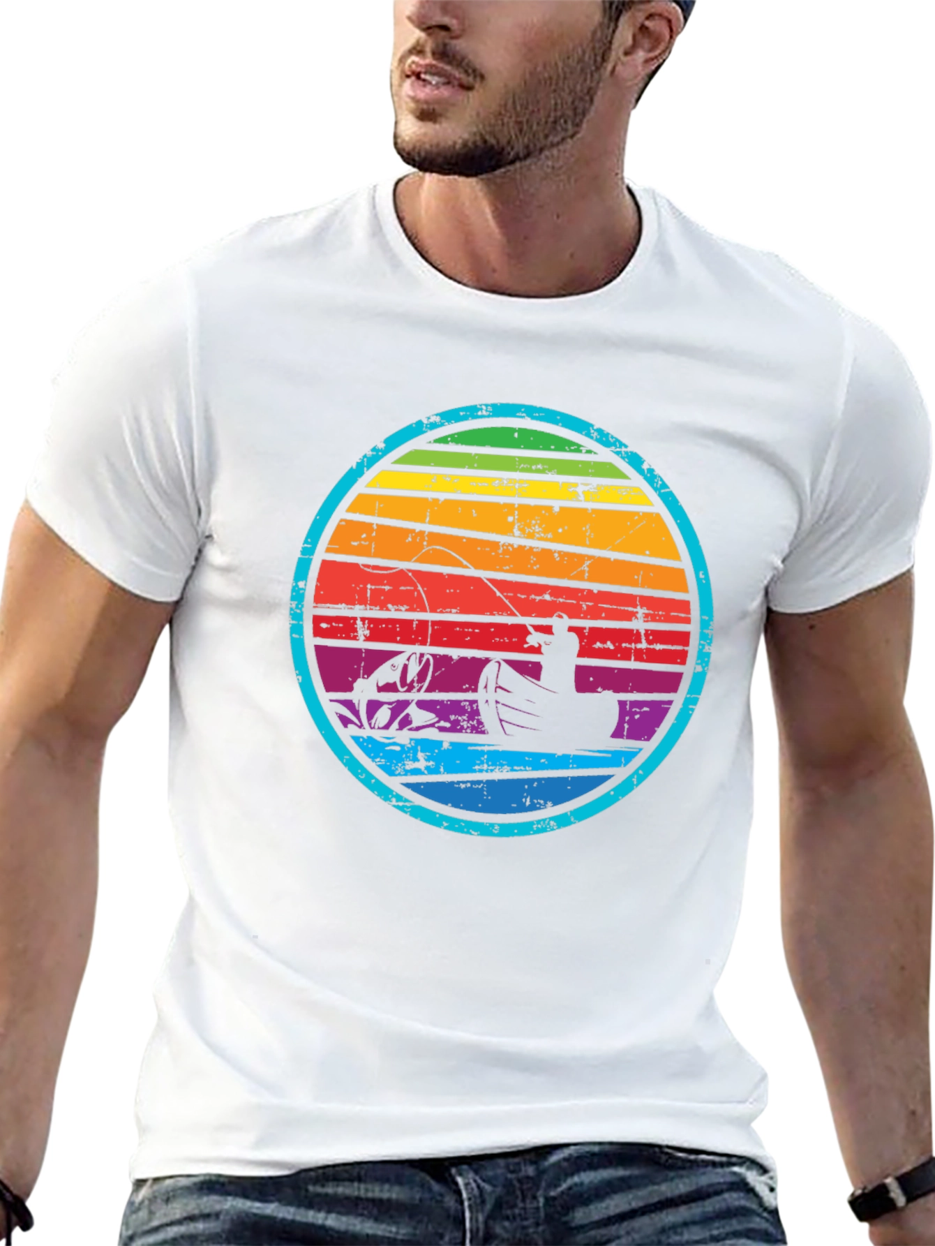 Retro Fishing T-Shirt - Rainbow Sunset Design