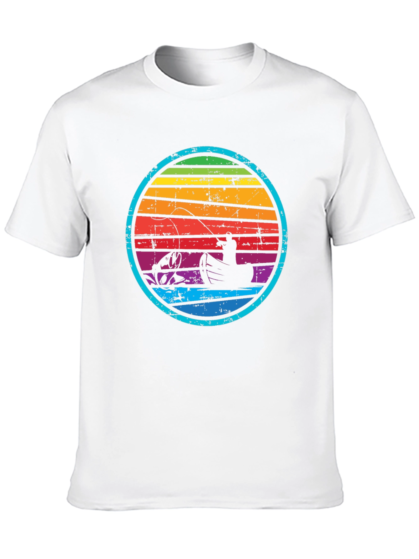 Retro Fishing T-Shirt - Rainbow Sunset Design