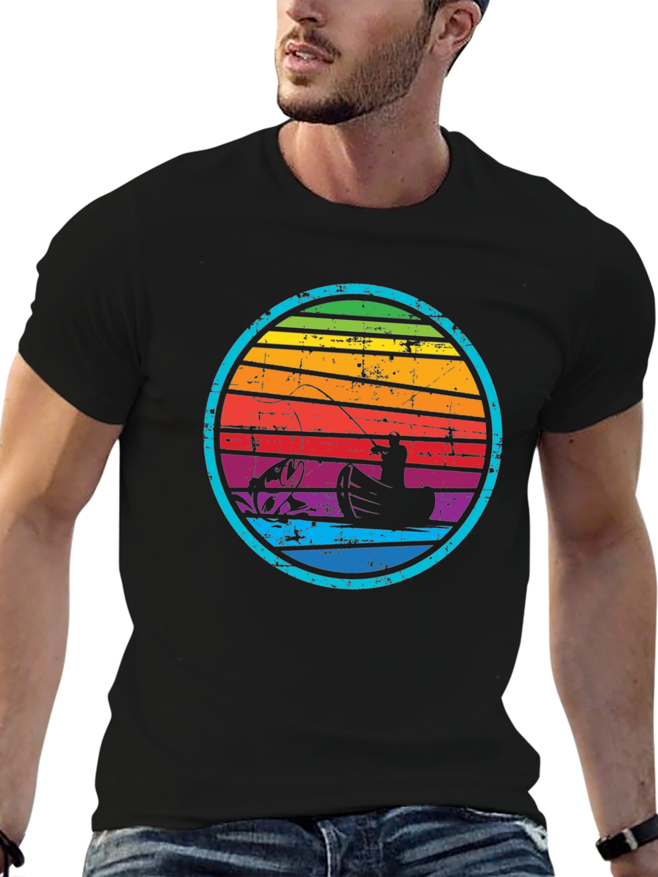 Retro Fishing T-Shirt - Rainbow Sunset Design