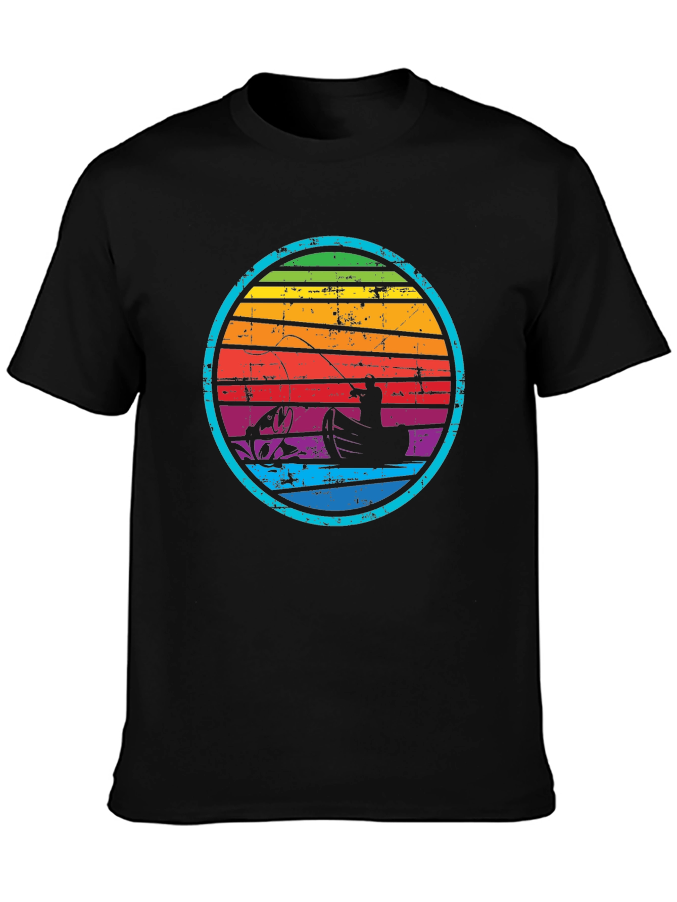 Retro Fishing T-Shirt - Rainbow Sunset Design