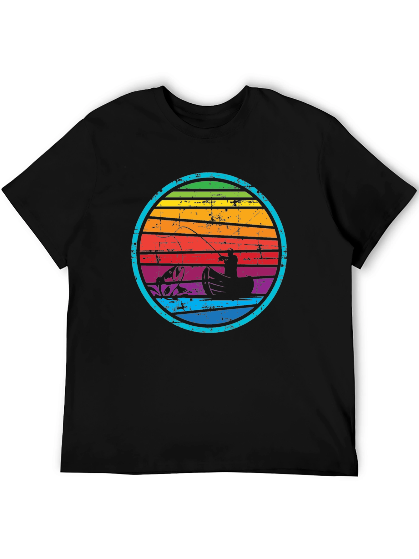 Retro Fishing T-Shirt - Rainbow Sunset Design