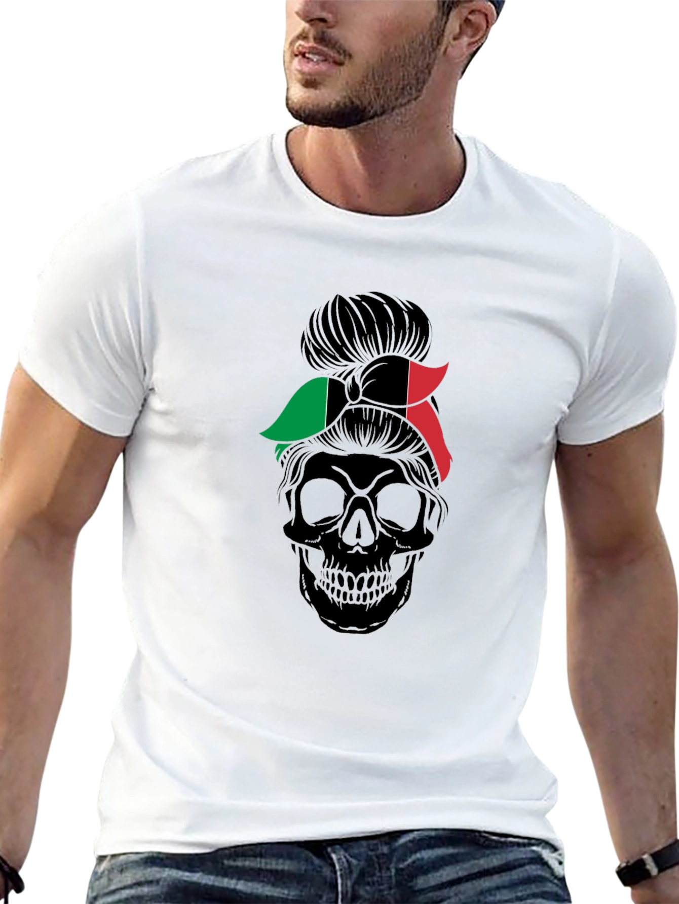 Italian Flag Messy Bun Skull T-Shirt