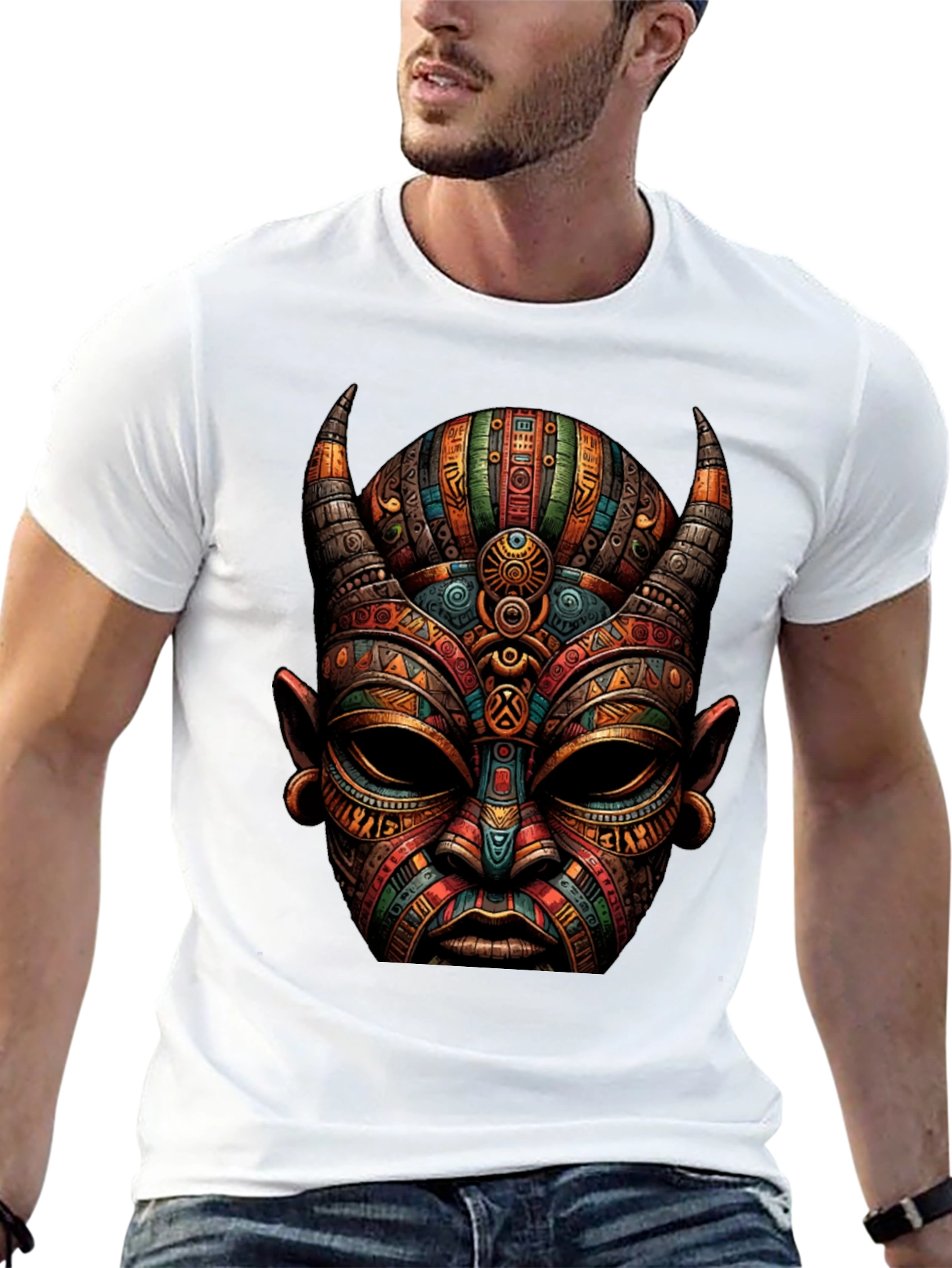 Tribal Mask Graphic Tee - Unique Design