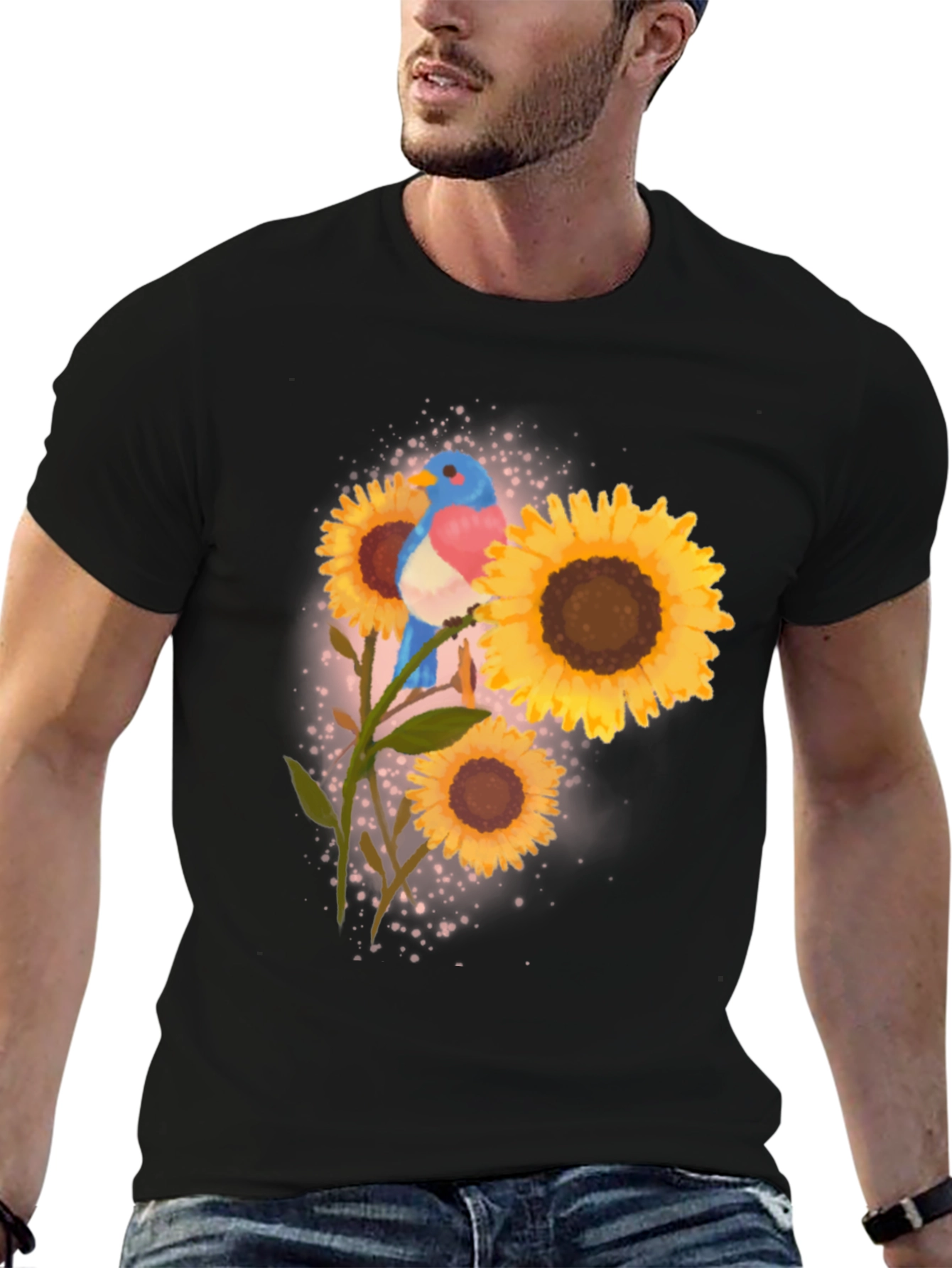 Bird and Sunflower Graphic Tee - Black