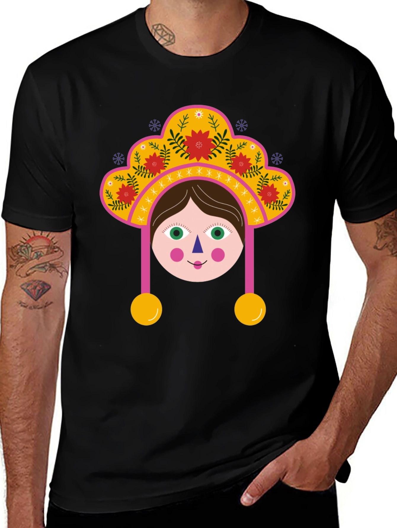 Whimsical Folk Art Girl Graphic Tee - Black