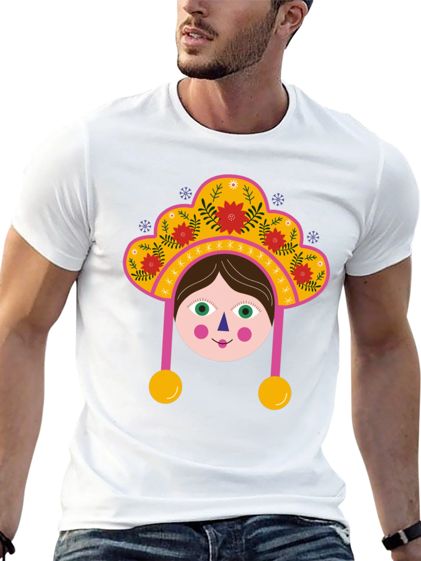Whimsical Folk Art Girl Graphic Tee - Black