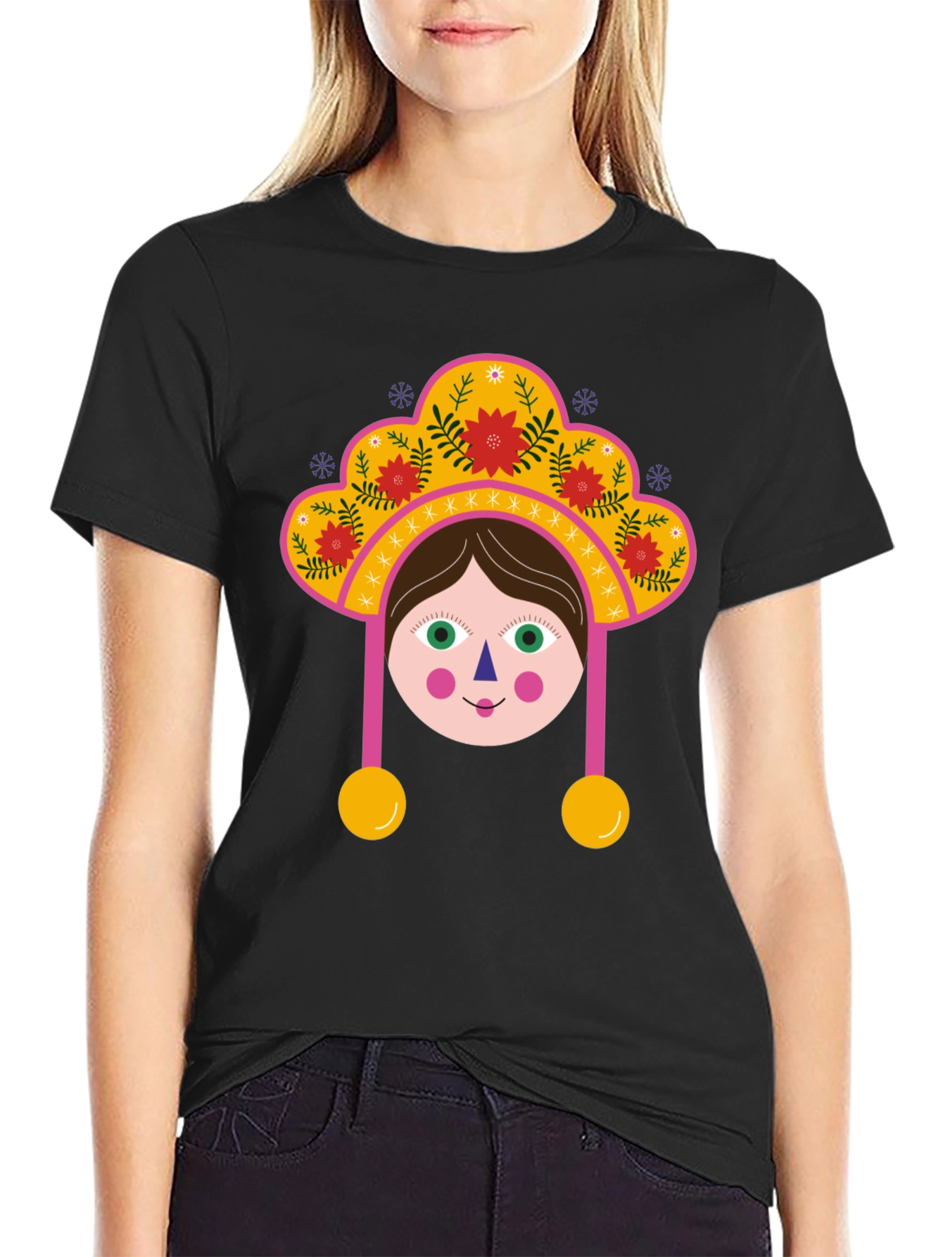 Whimsical Folk Art Girl Graphic Tee - Black