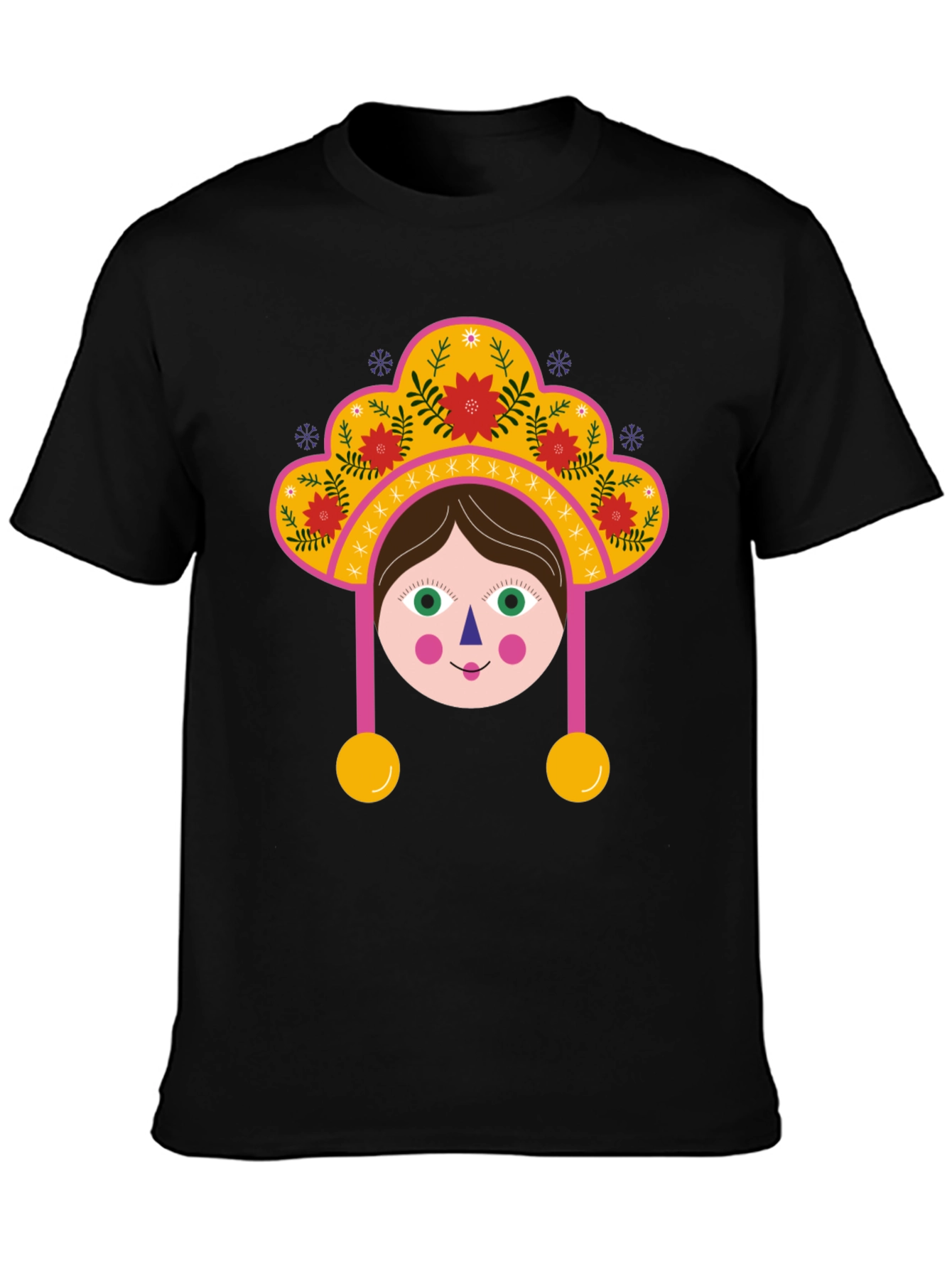 Whimsical Folk Art Girl Graphic Tee - Black