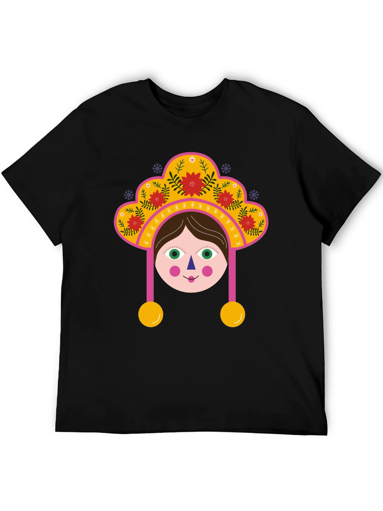 Whimsical Folk Art Girl Graphic Tee - Black