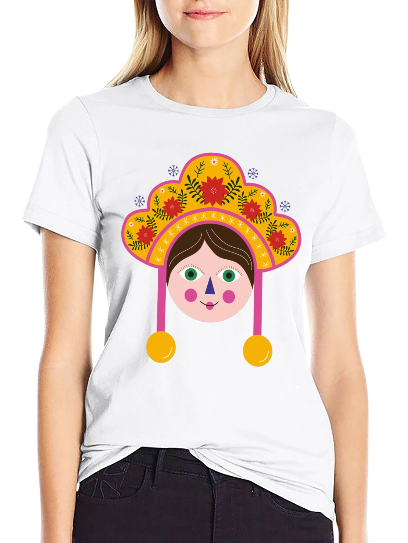 Whimsical Folk Art Girl Graphic Tee - Black