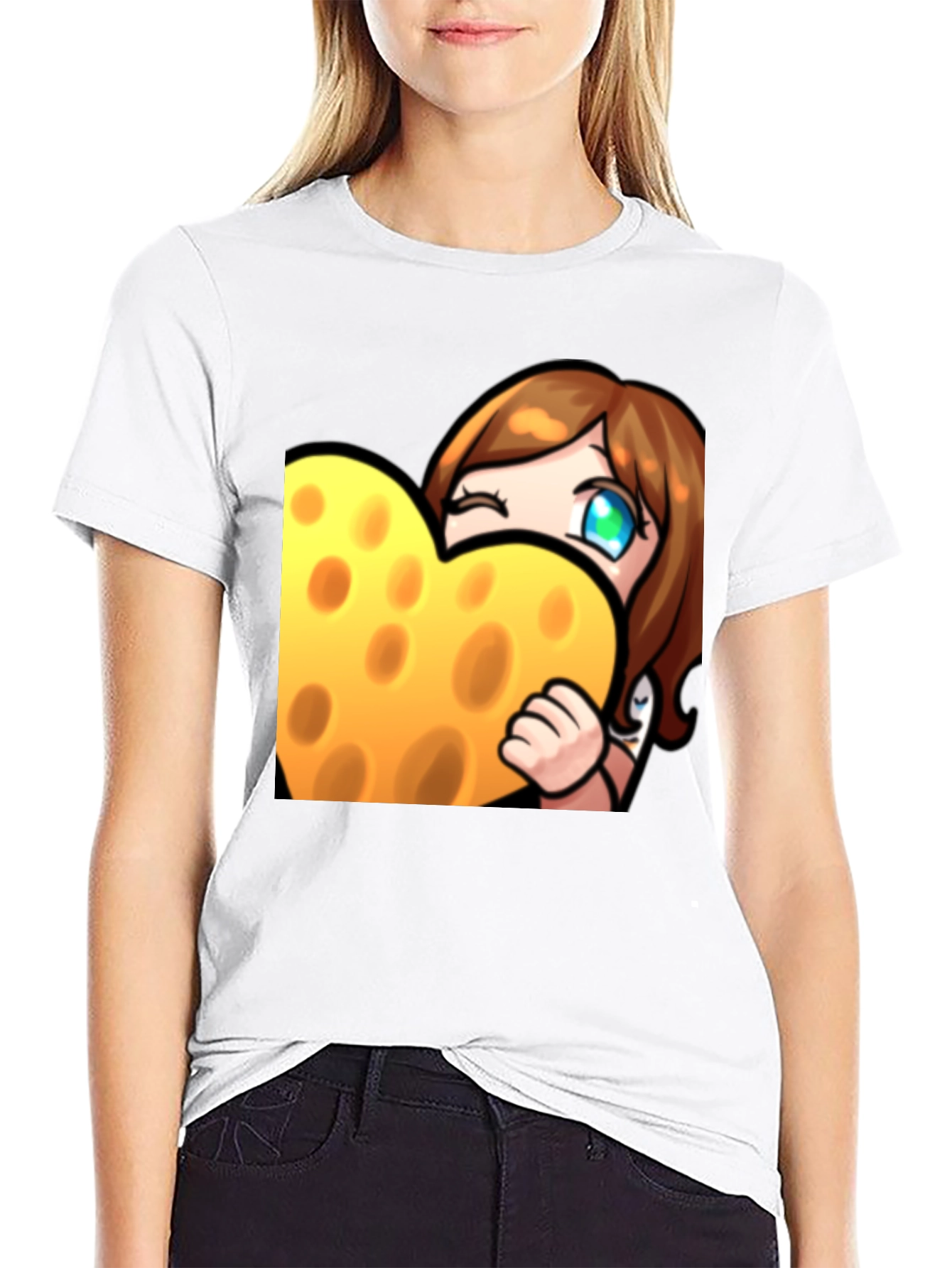 Cartoon Cheese Heart Graphic Black T-Shirt