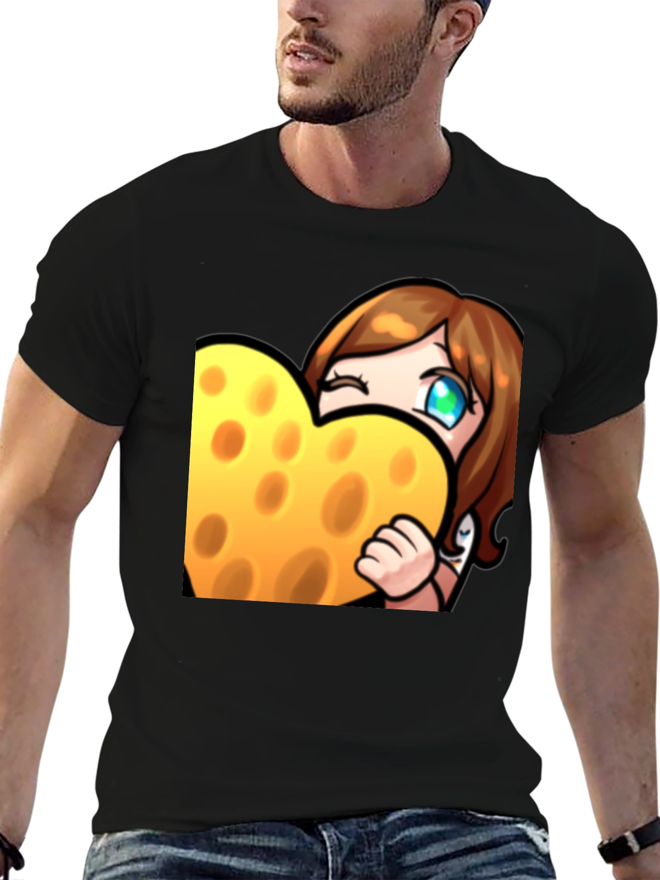 Cartoon Cheese Heart Graphic Black T-Shirt