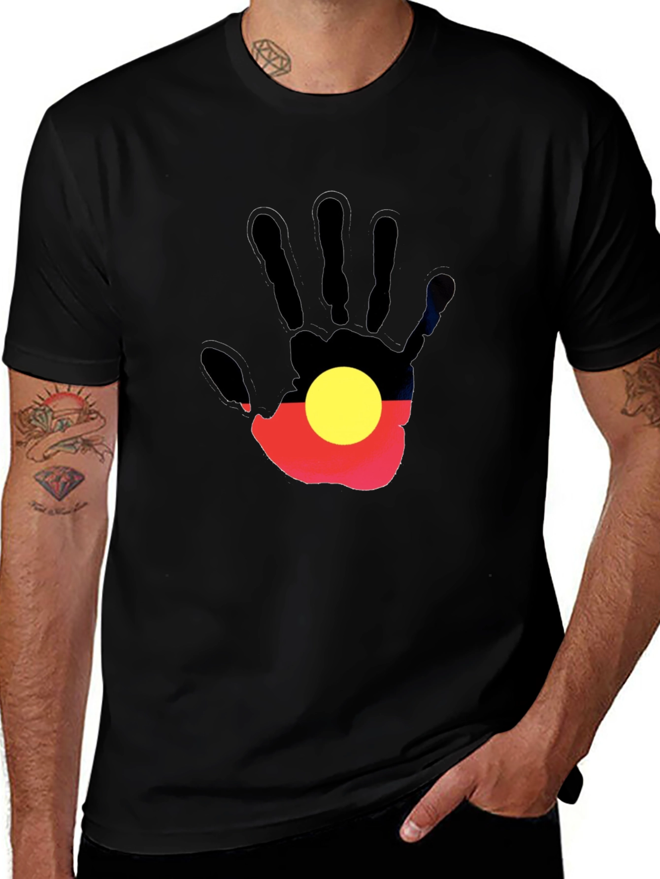 Aboriginal Flag Hand Print Black T-Shirt