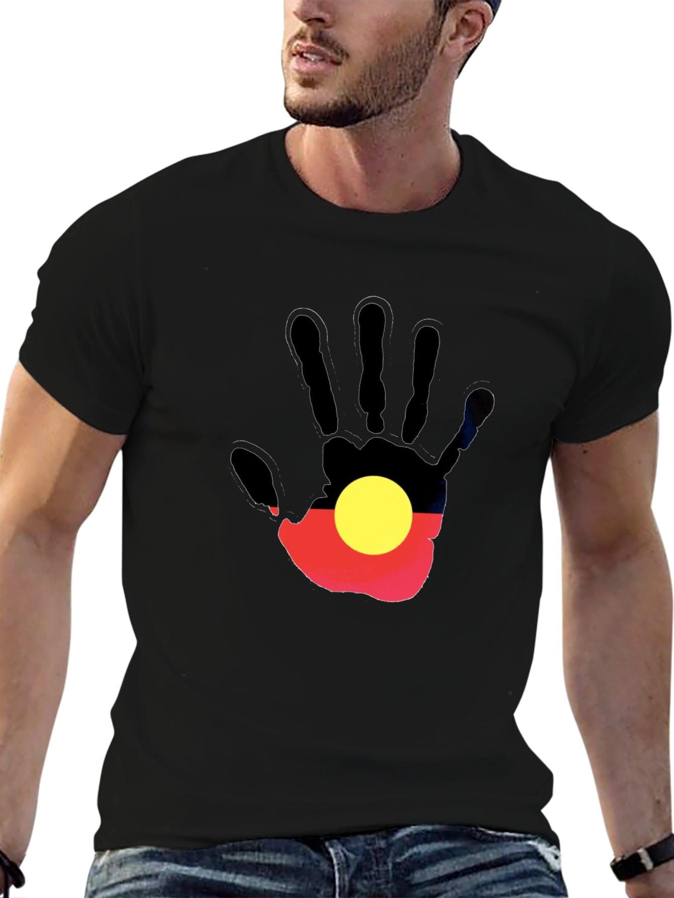 Aboriginal Flag Hand Print Black T-Shirt
