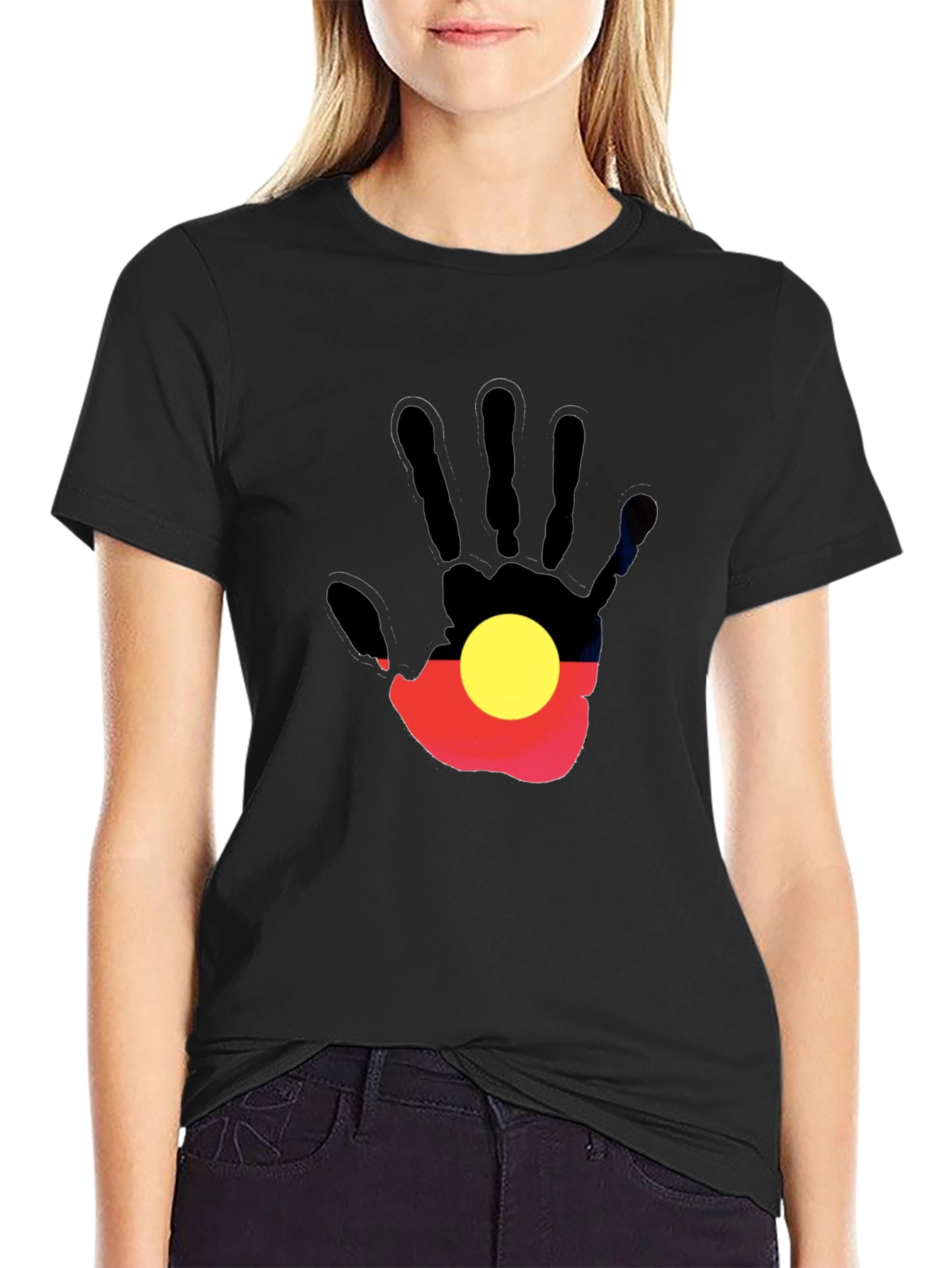 Aboriginal Flag Hand Print Black T-Shirt