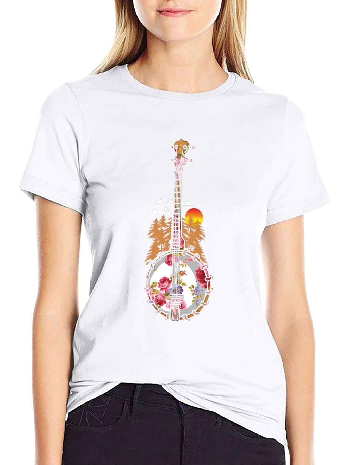 Floral Banjo Graphic T-Shirt - Mountain Sunset Design