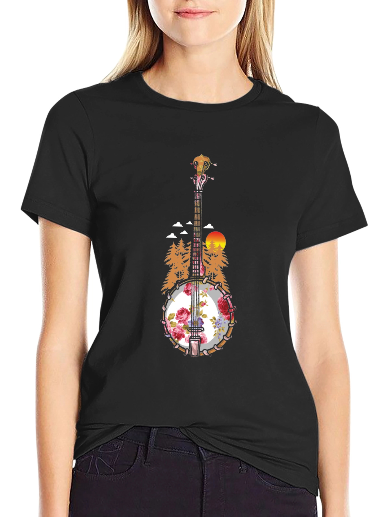 Floral Banjo Graphic T-Shirt - Mountain Sunset Design