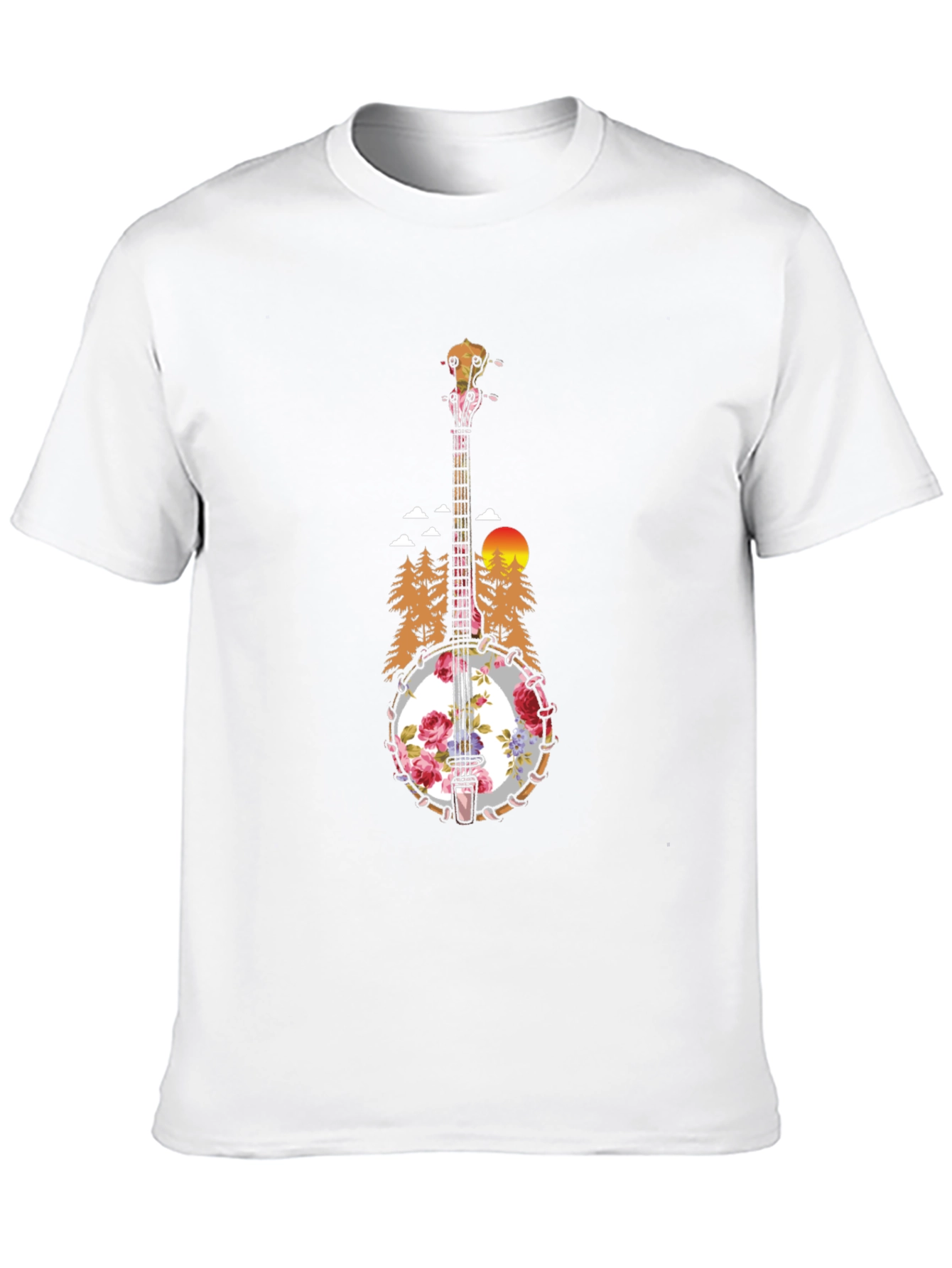 Floral Banjo Graphic T-Shirt - Mountain Sunset Design
