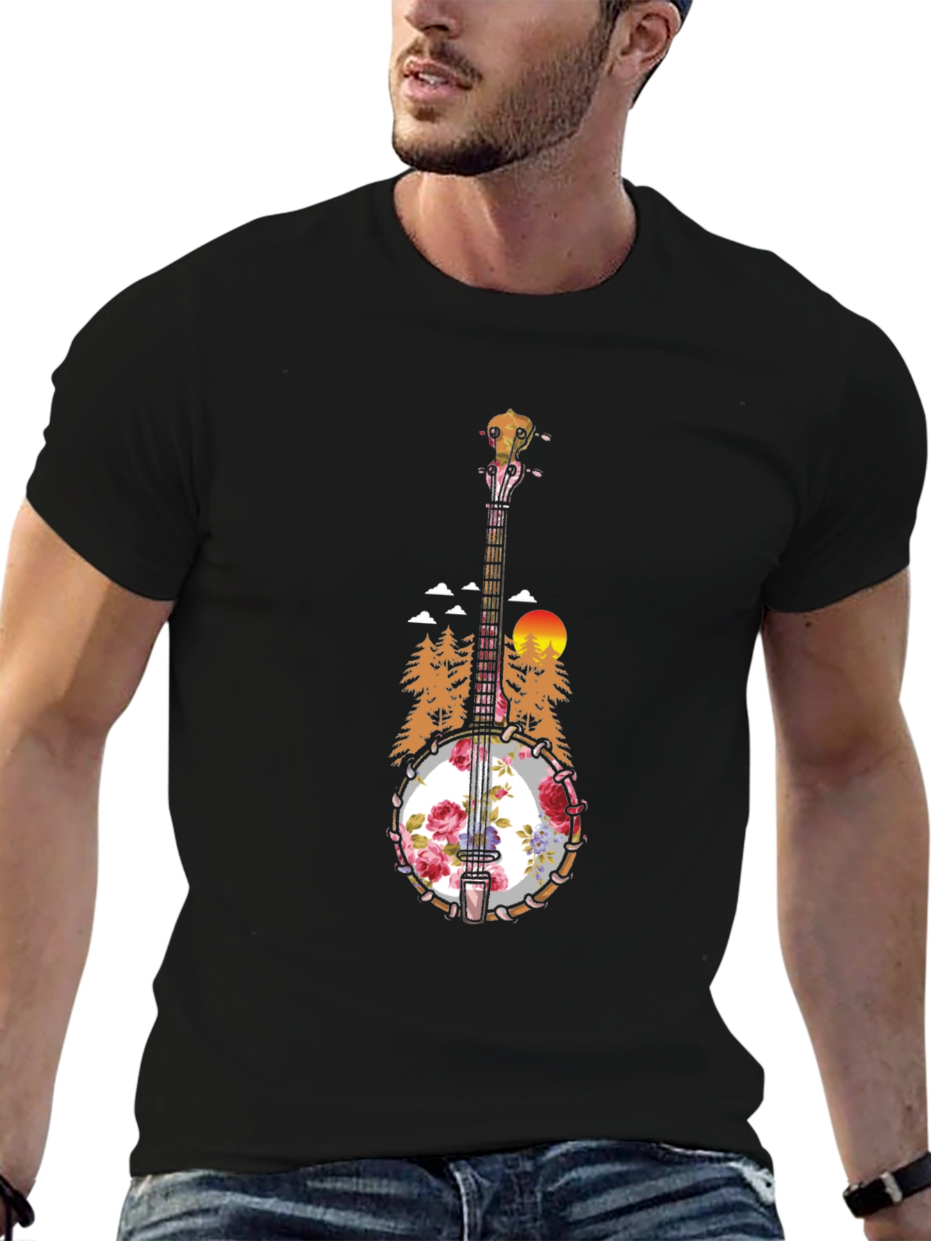 Floral Banjo Graphic T-Shirt - Mountain Sunset Design