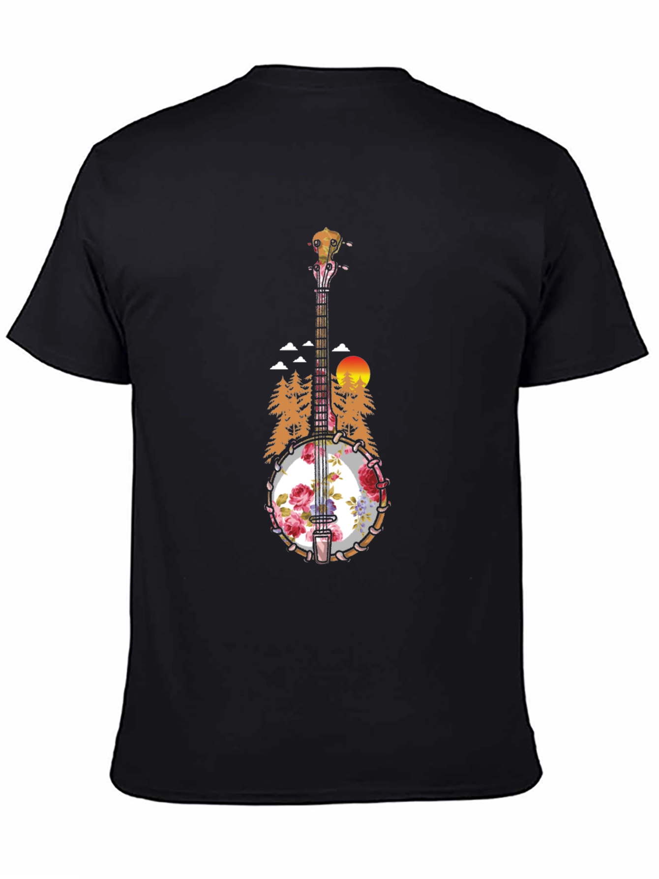 Floral Banjo Graphic T-Shirt - Mountain Sunset Design
