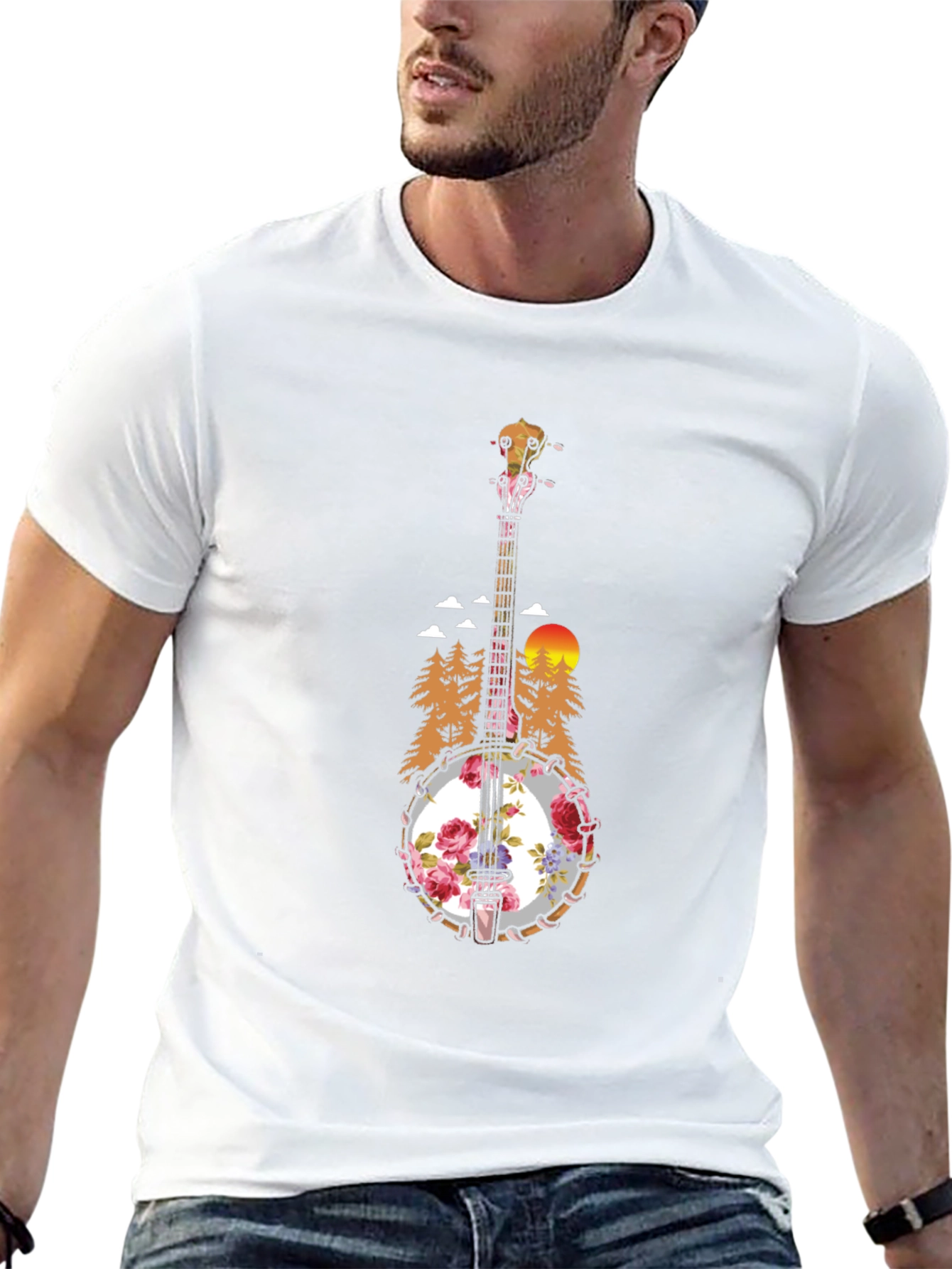 Floral Banjo Graphic T-Shirt - Mountain Sunset Design