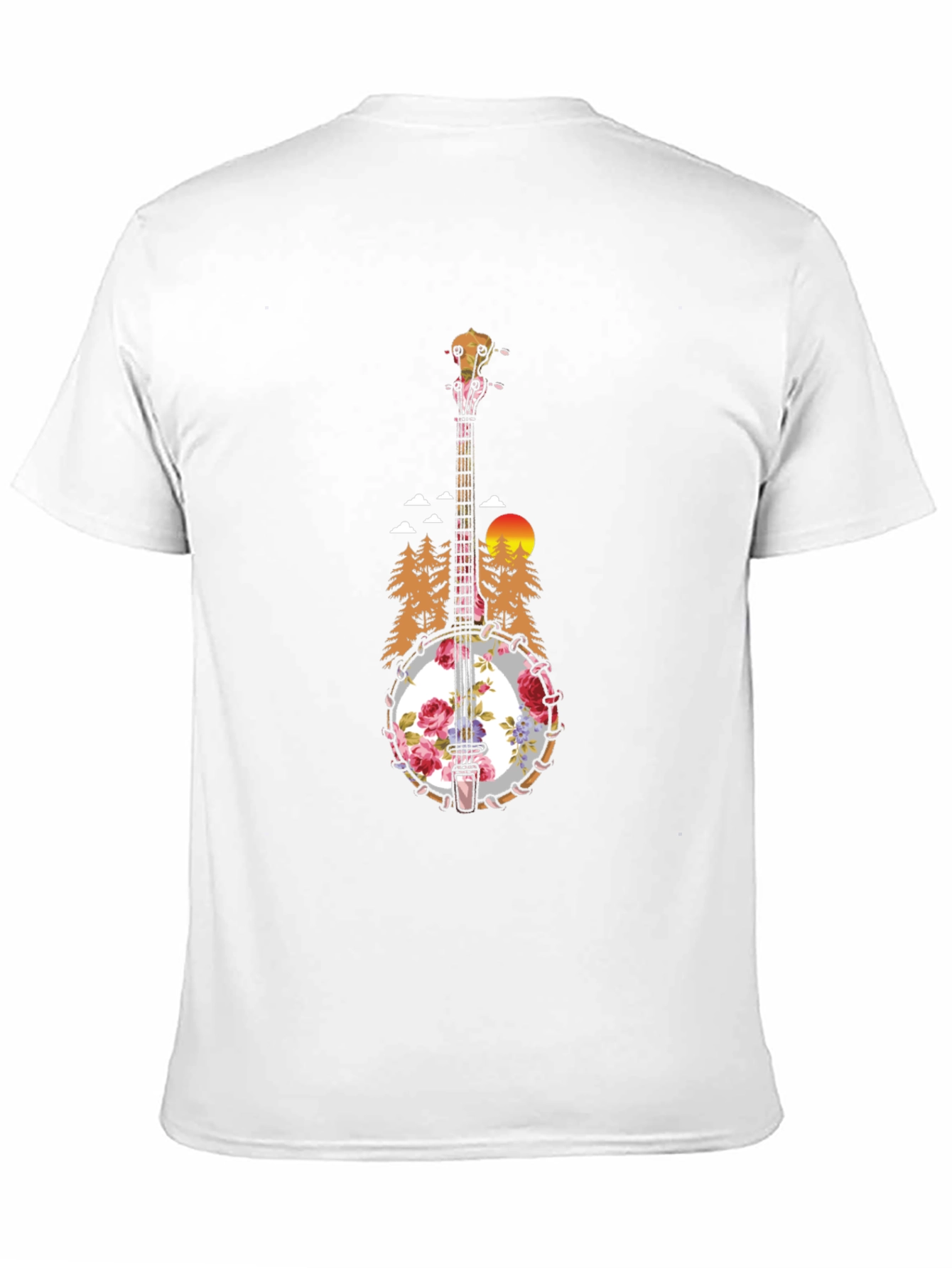 Floral Banjo Graphic T-Shirt - Mountain Sunset Design
