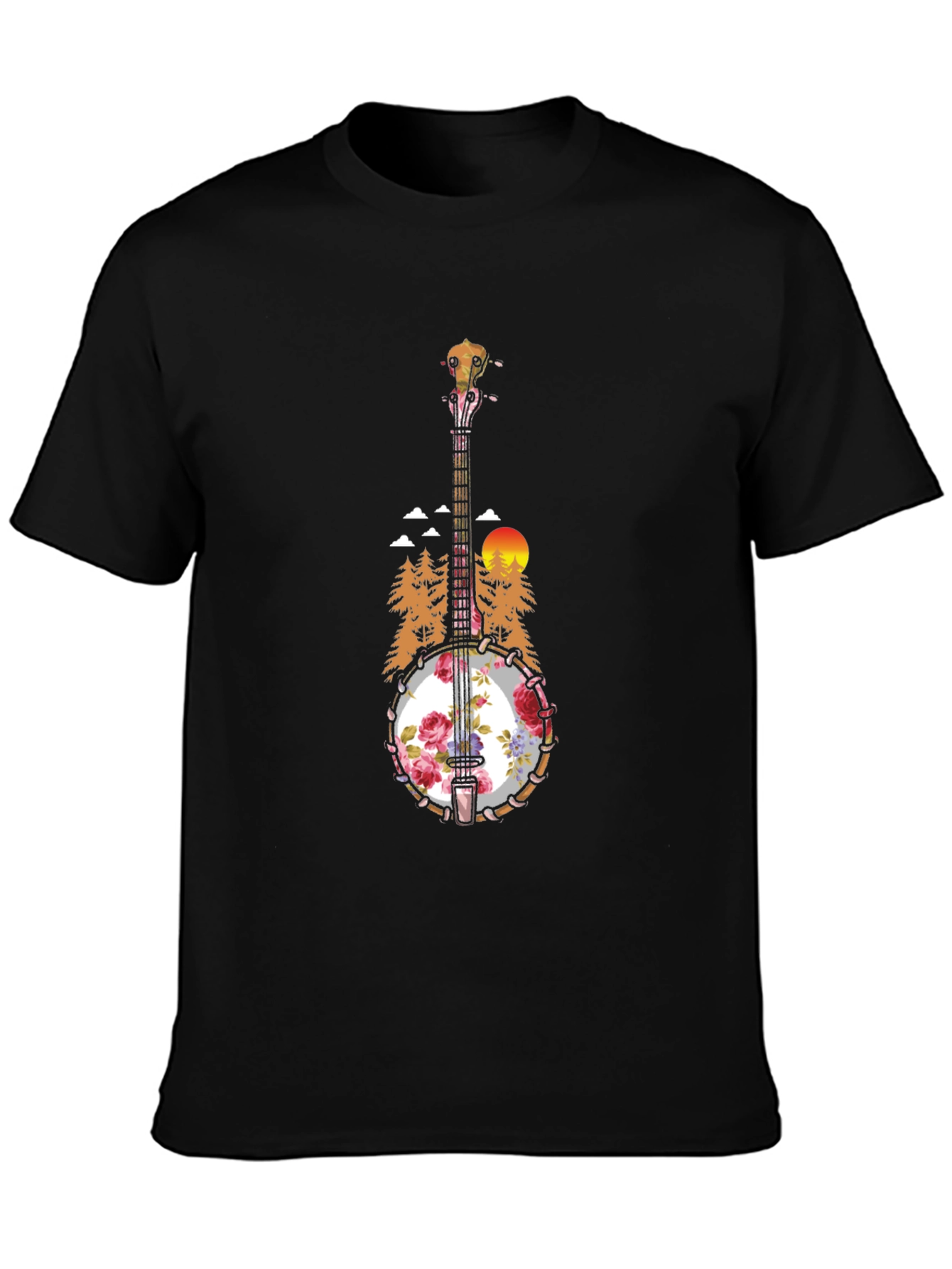 Floral Banjo Graphic T-Shirt - Mountain Sunset Design