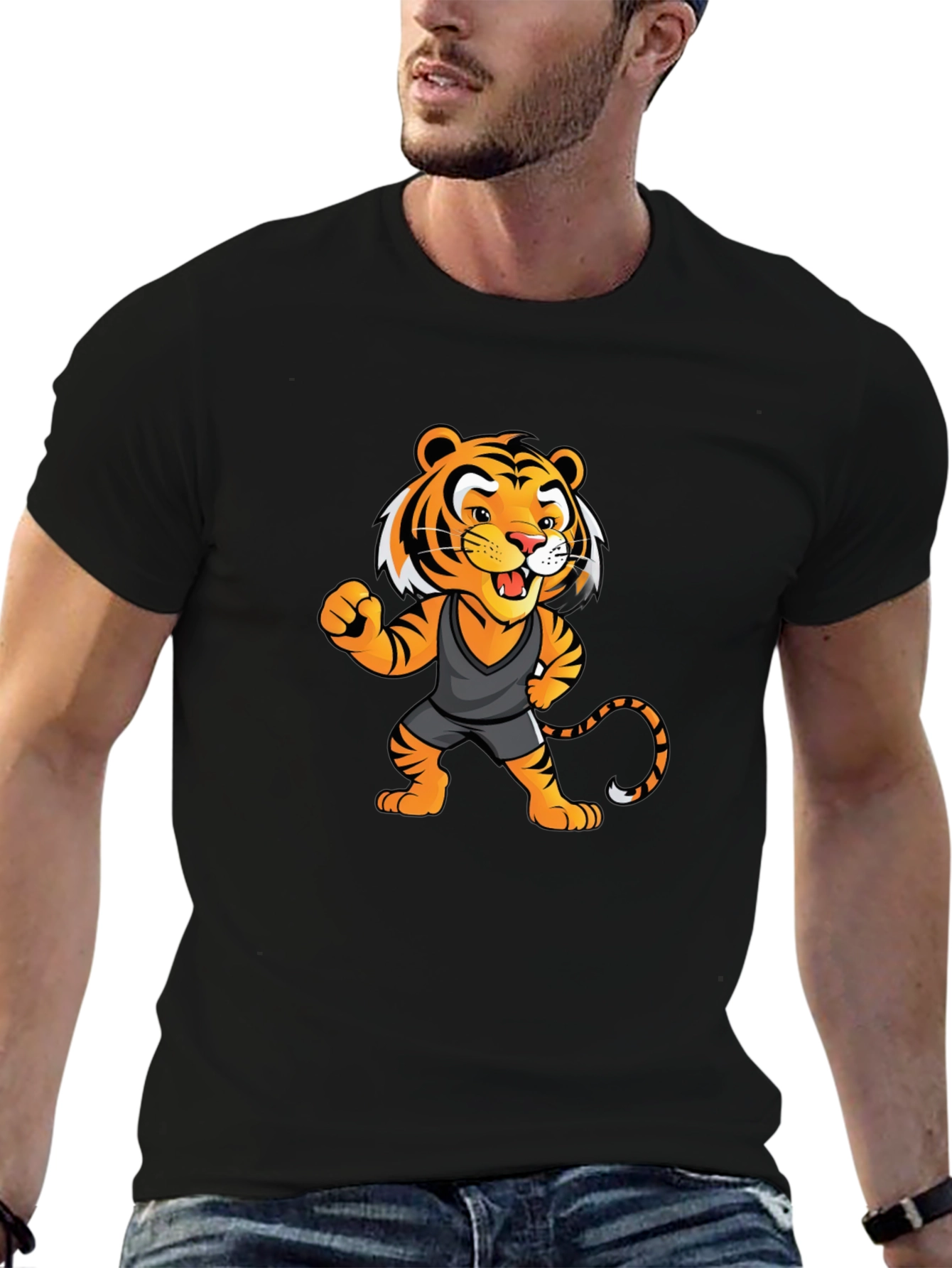 Cartoon Tiger Graphic Tee - Black Unisex T-Shirt