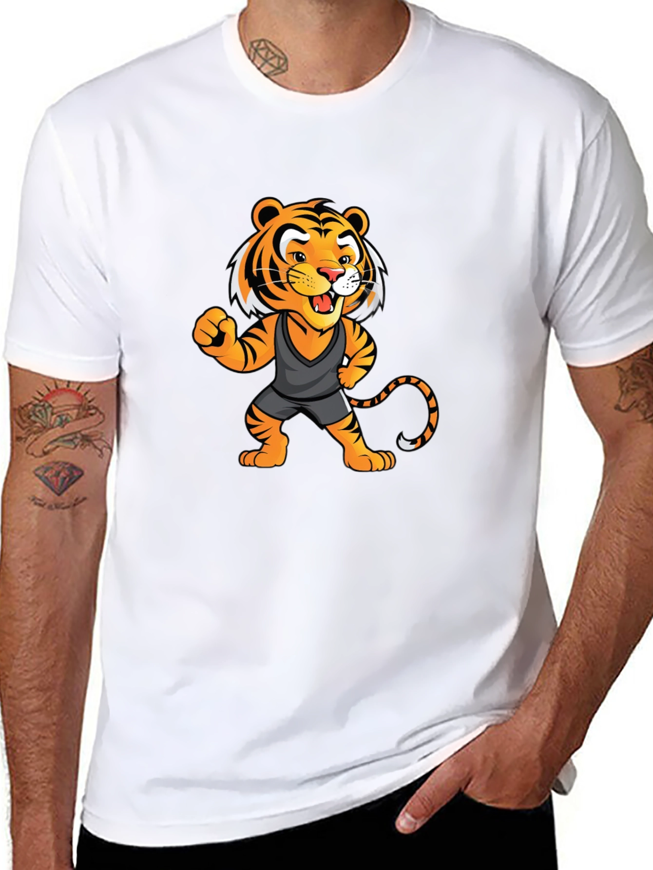 Cartoon Tiger Graphic Tee - Black Unisex T-Shirt