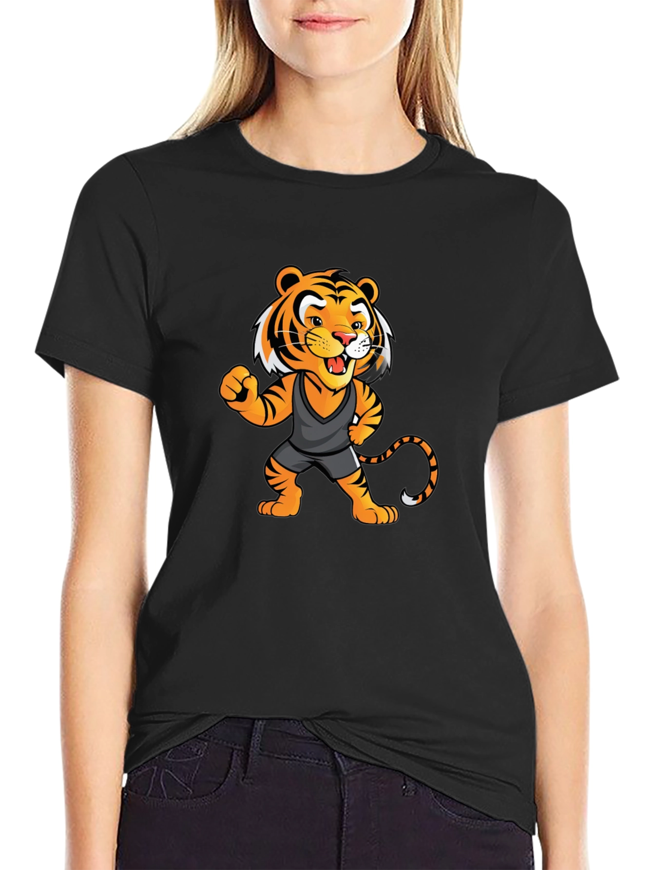 Cartoon Tiger Graphic Tee - Black Unisex T-Shirt