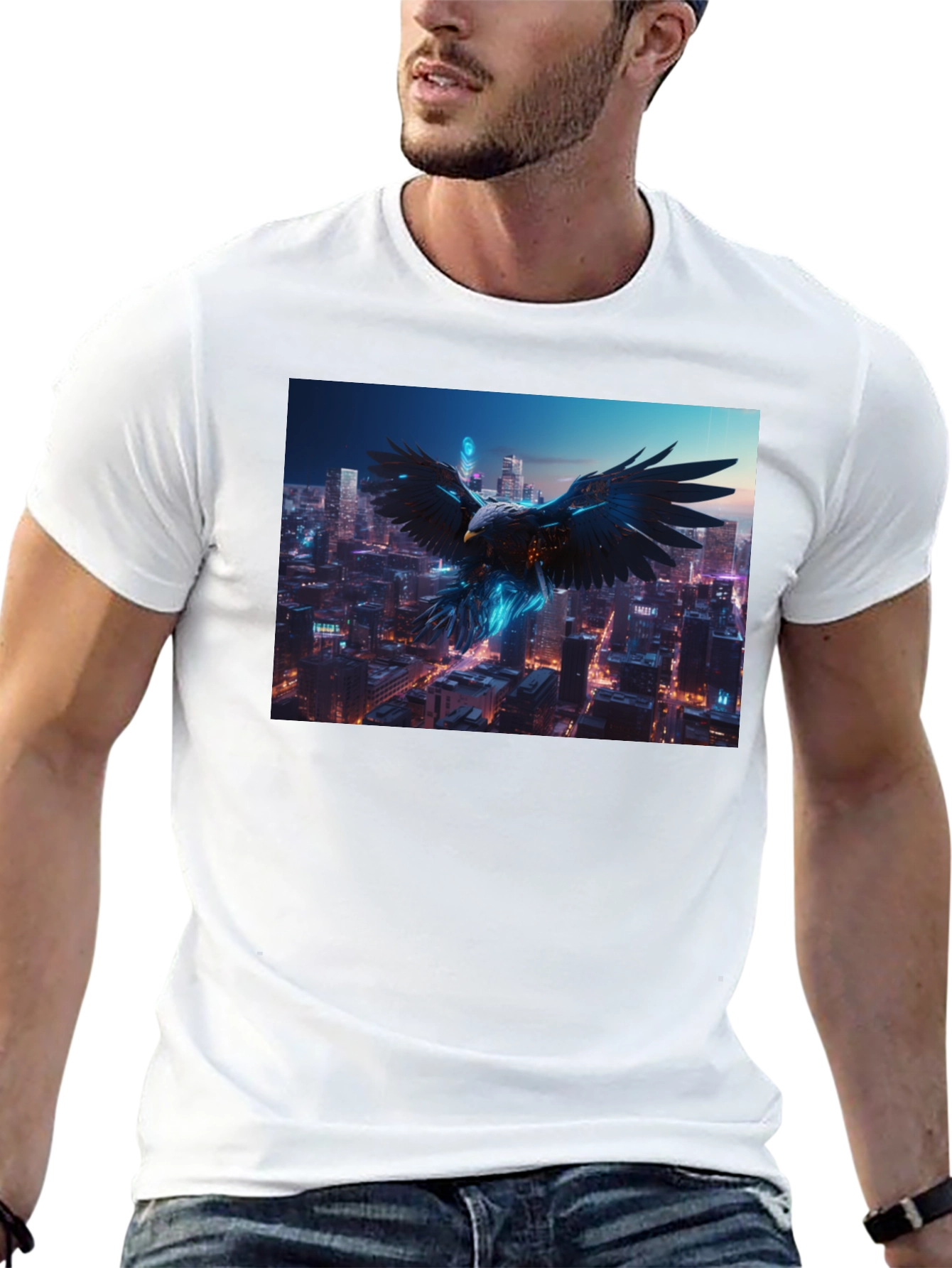 Cyberpunk Eagle Cityscape Black T-Shirt