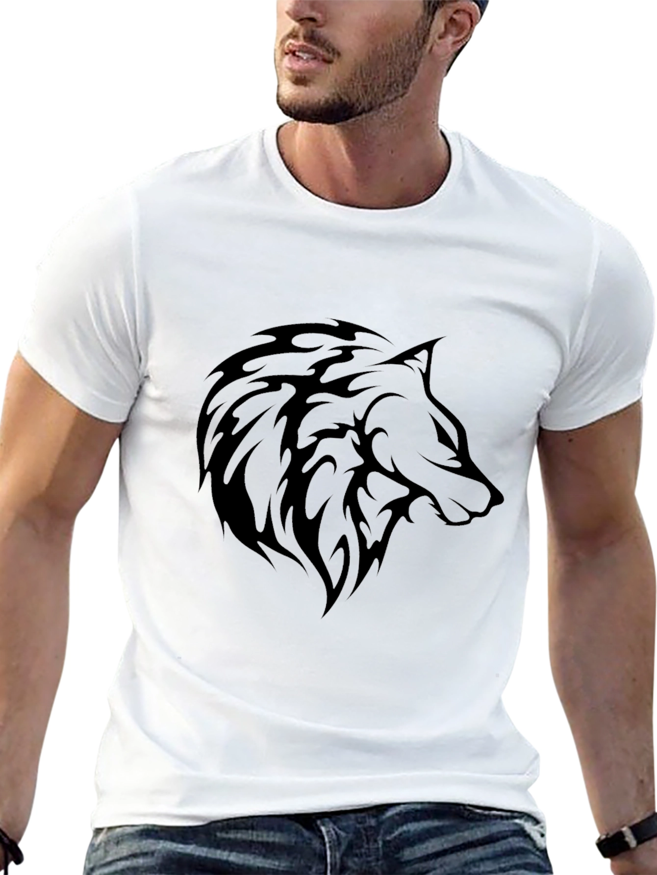 Mens Black T-Shirt - Wolf Tribal Design
