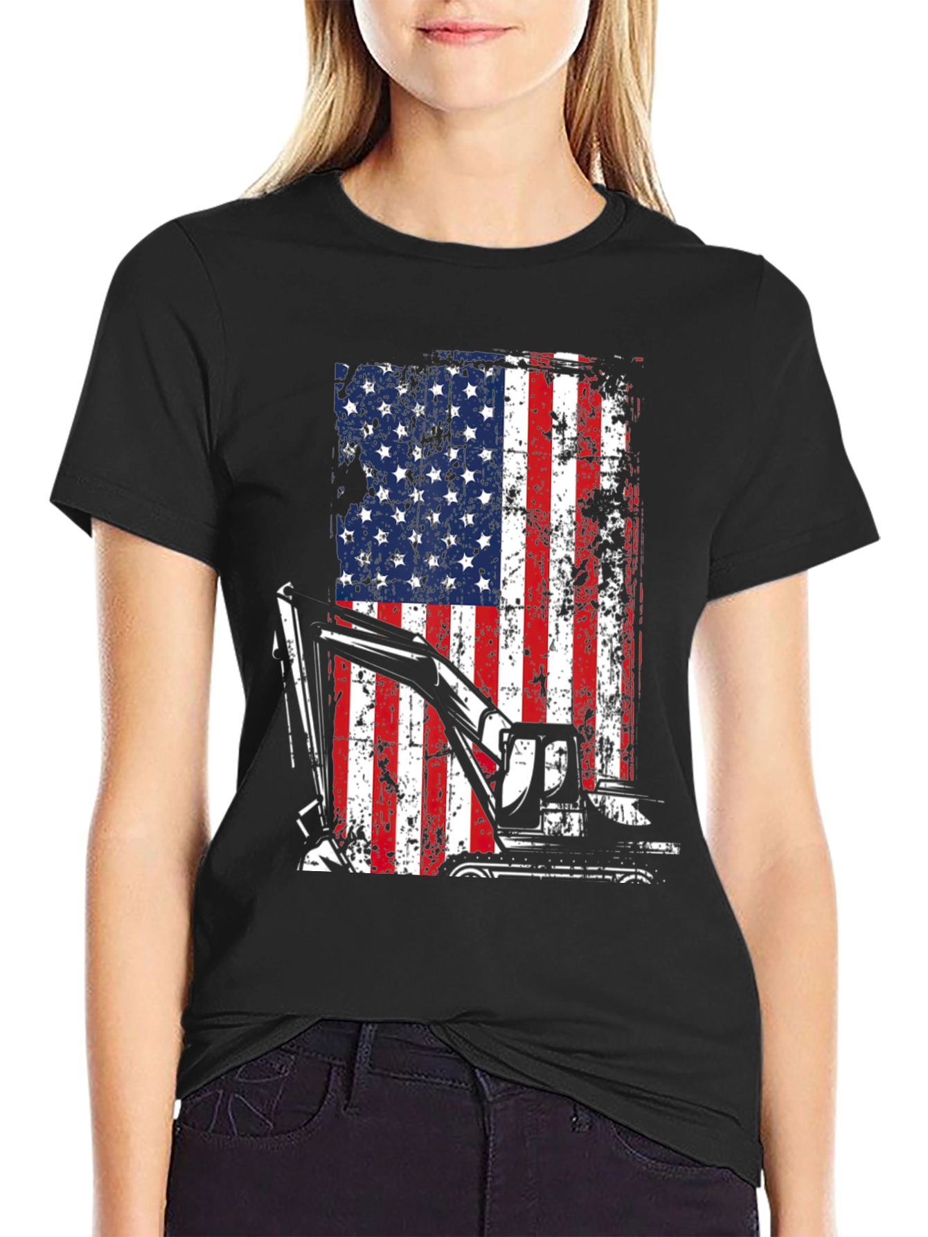 Patriotic Excavator T-Shirt - USA Flag Graphic Tee