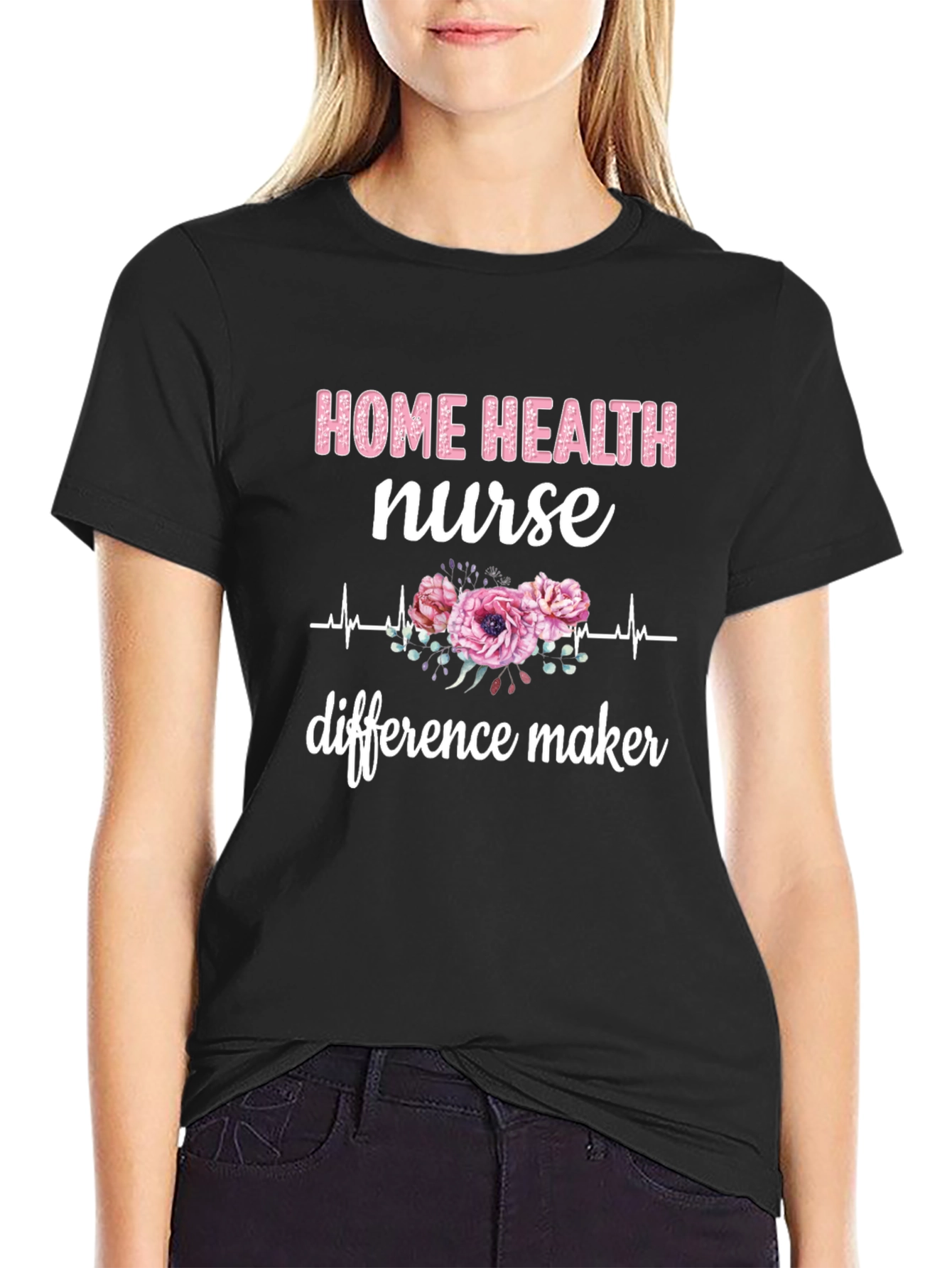 Home Health Nurse T-Shirt - Floral Heartbeat Design
