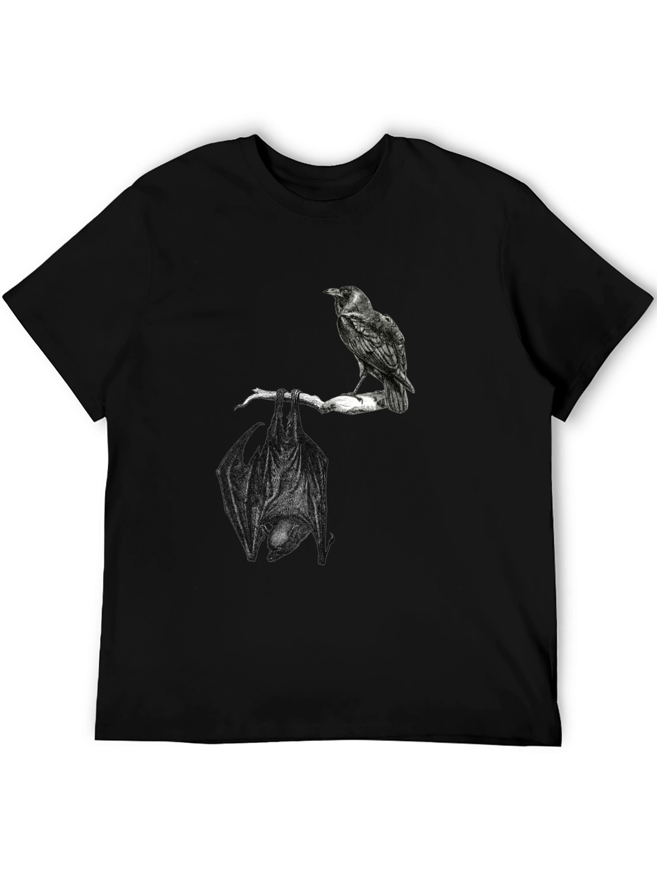 Raven and Bat Graphic Tee - Black Cotton T-Shirt