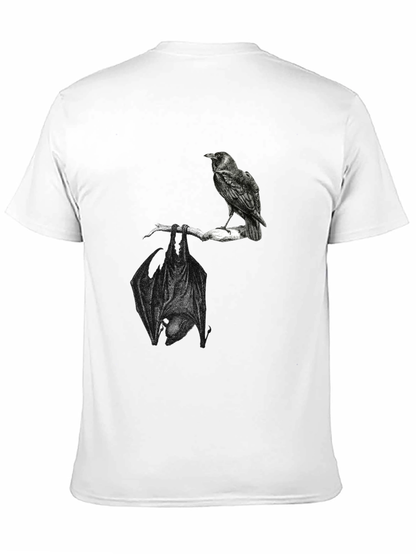 Raven and Bat Graphic Tee - Black Cotton T-Shirt