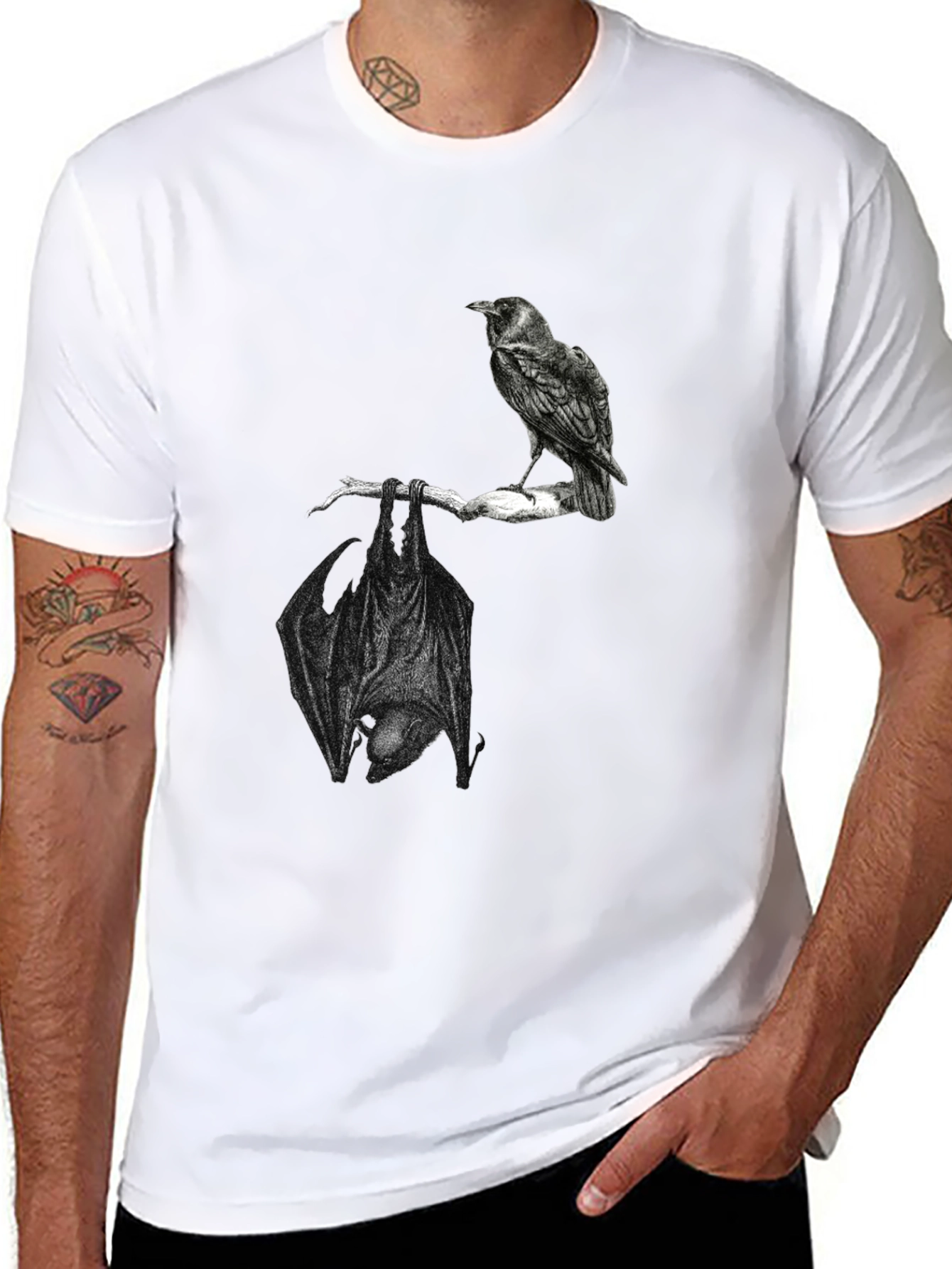 Raven and Bat Graphic Tee - Black Cotton T-Shirt
