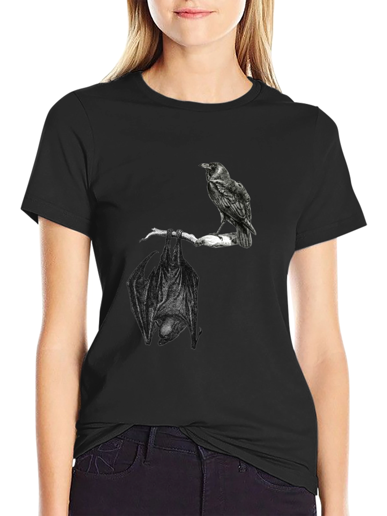 Raven and Bat Graphic Tee - Black Cotton T-Shirt