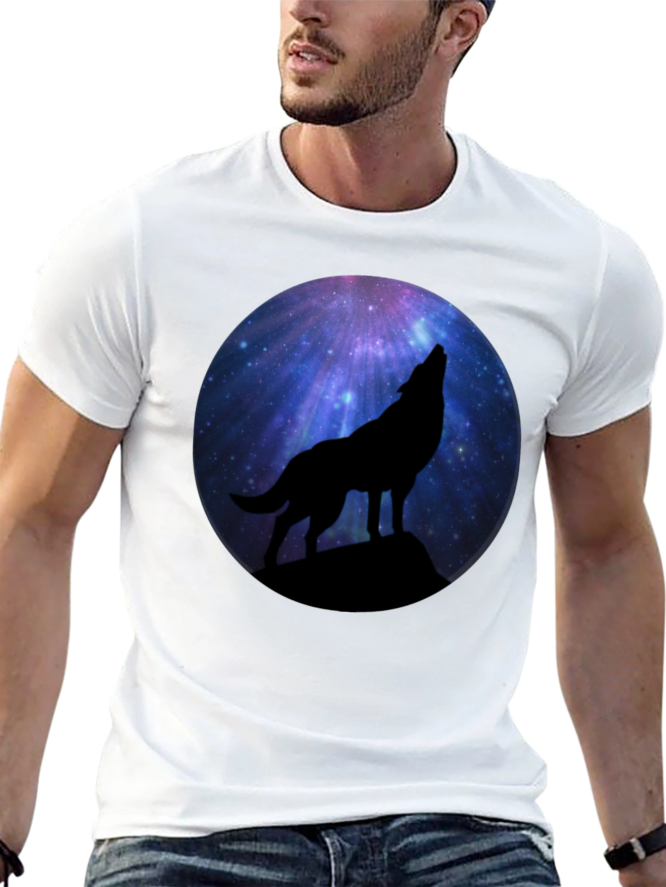Wolf Howling at Galaxy Moon Mens Black T-Shirt