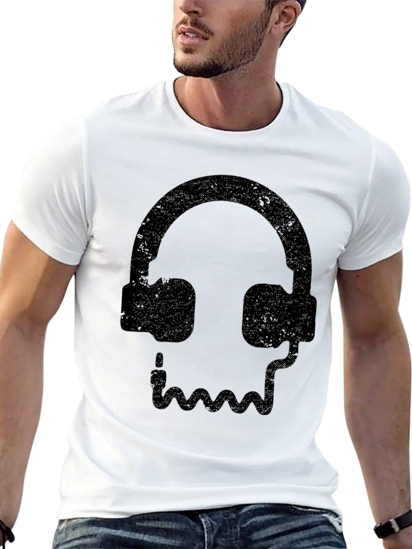 Skull Headphones Graphic Tee - Black Cotton T-Shirt