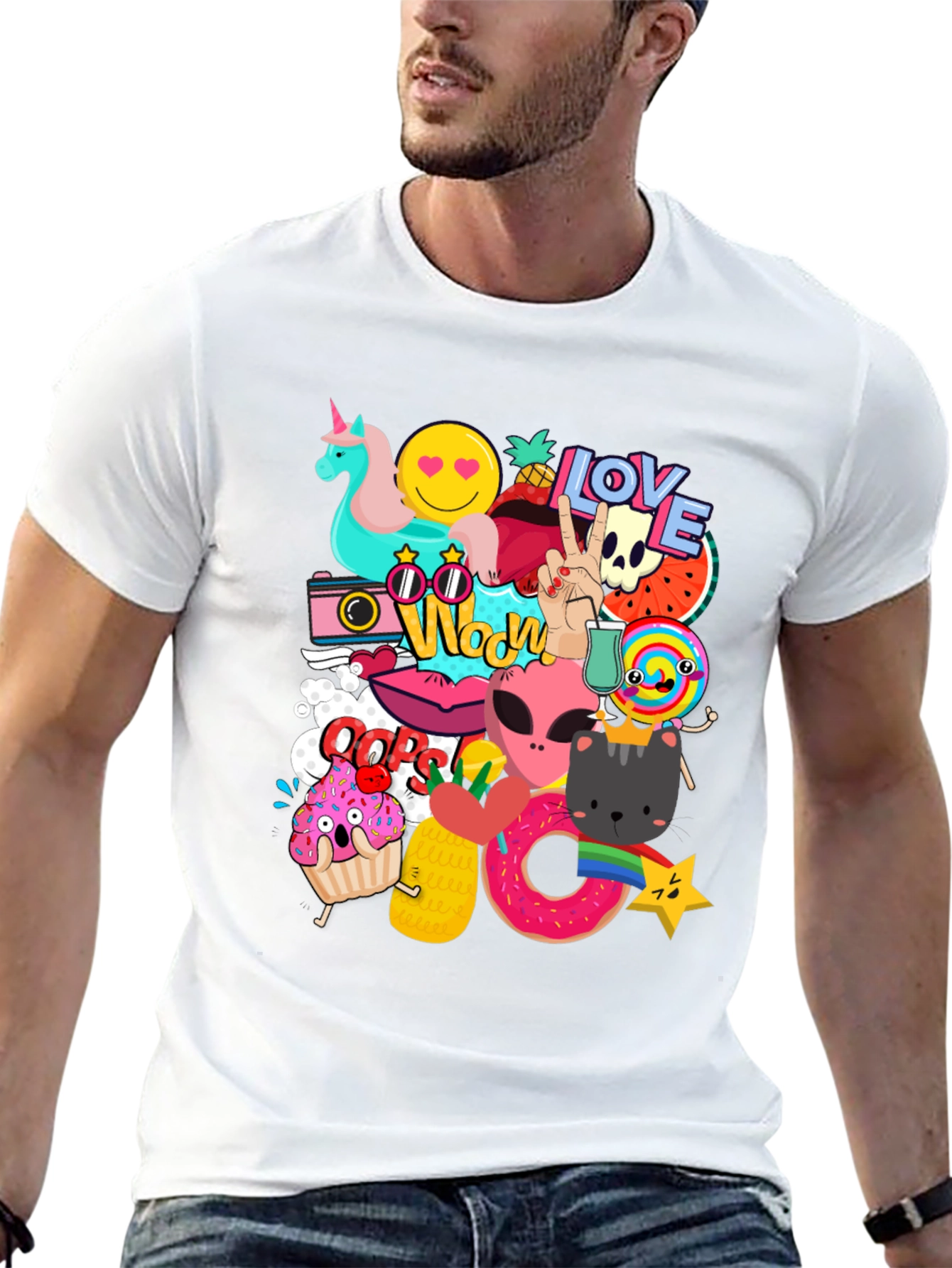 Funky Graphic Tee: Cartoon Sticker Bomb Design