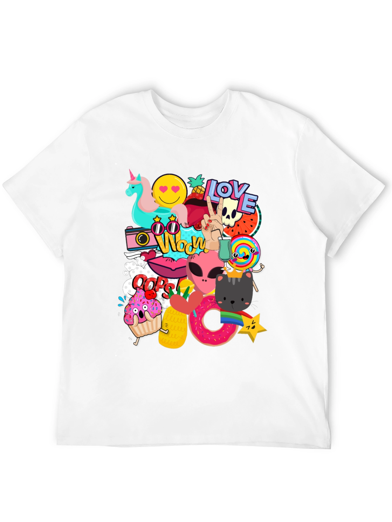 Funky Graphic Tee: Cartoon Sticker Bomb Design