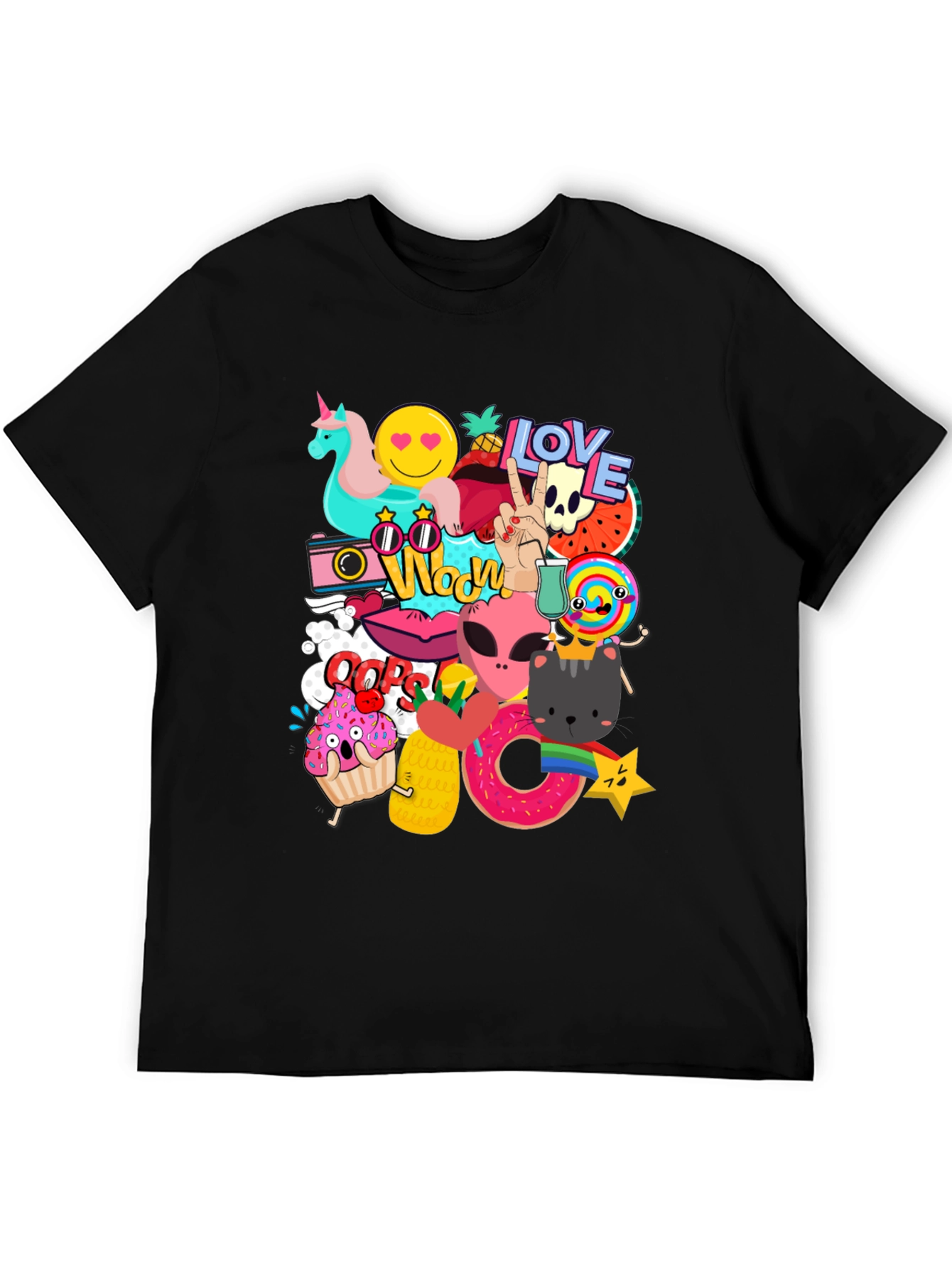 Funky Graphic Tee: Cartoon Sticker Bomb Design