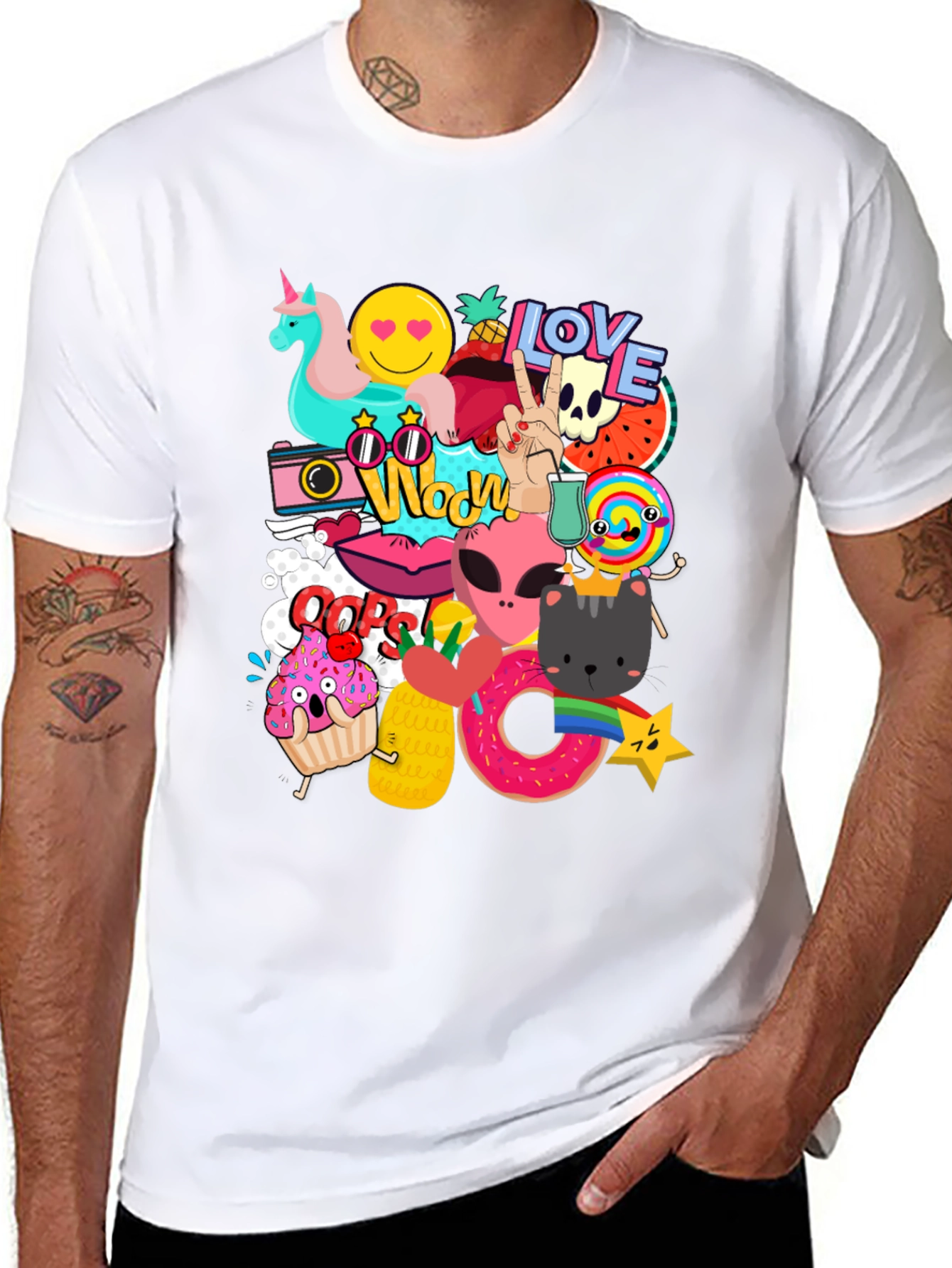 Funky Graphic Tee: Cartoon Sticker Bomb Design
