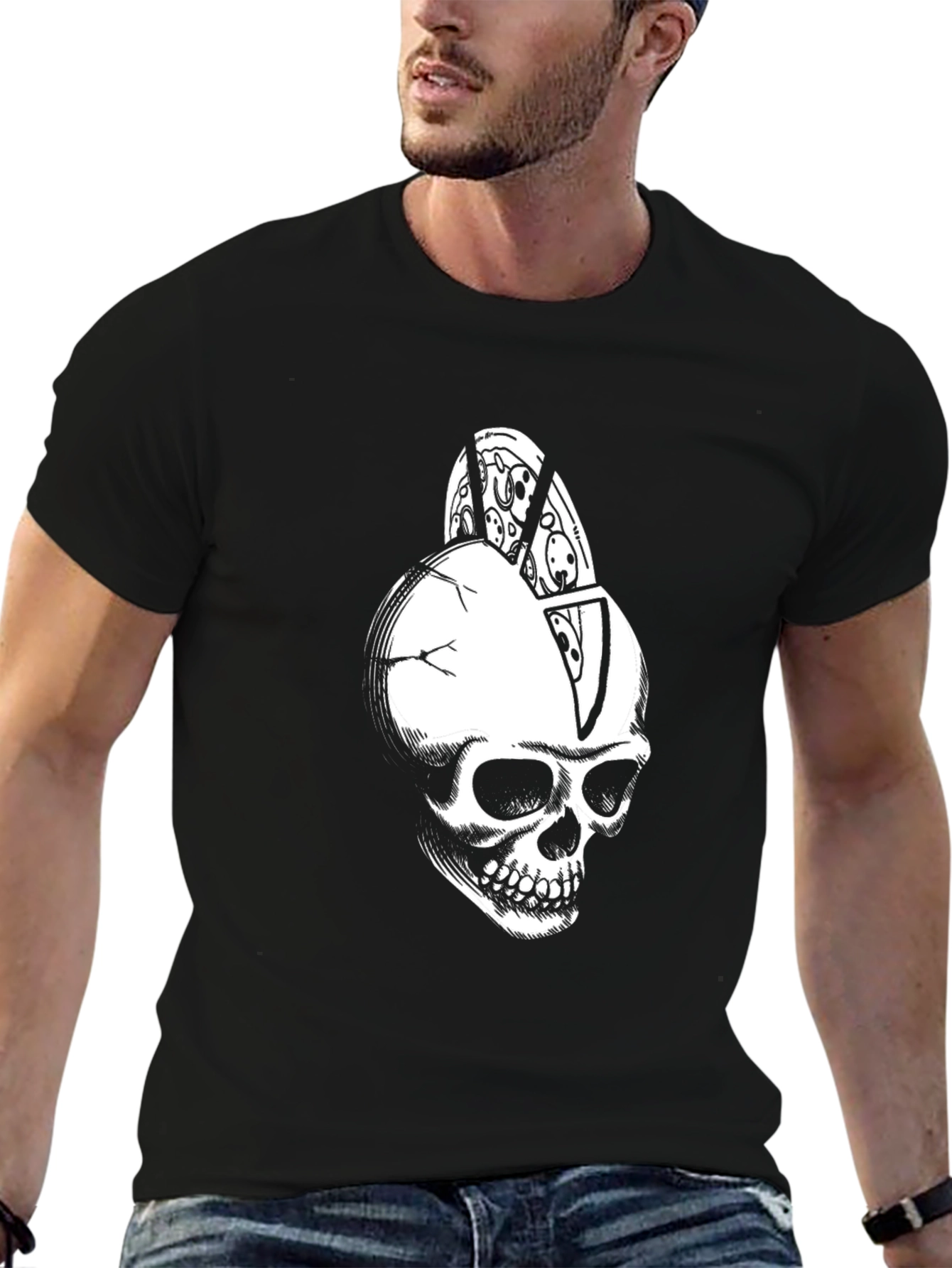Skull Pizza Graphic Tee - Black Cotton T-Shirt