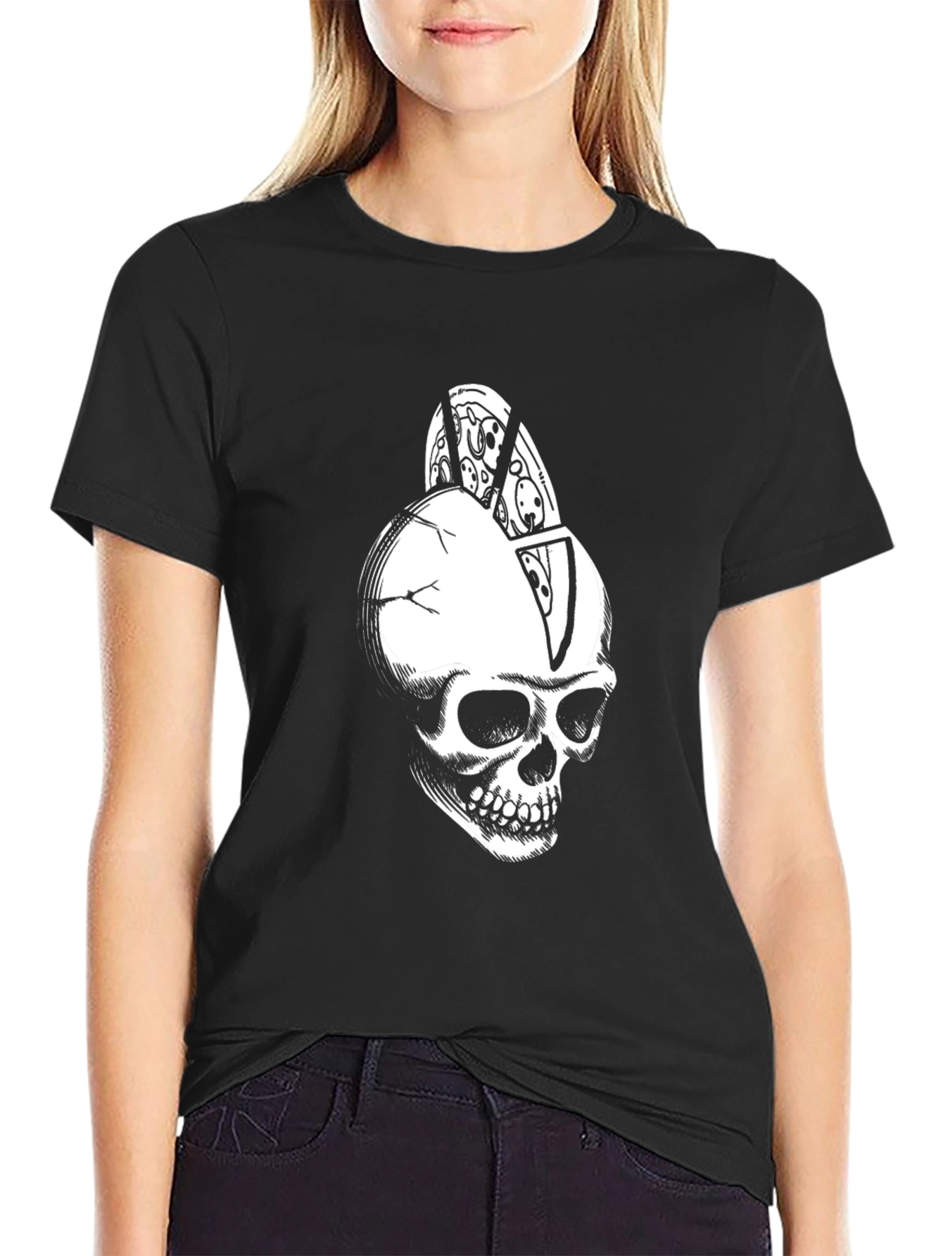 Skull Pizza Graphic Tee - Black Cotton T-Shirt