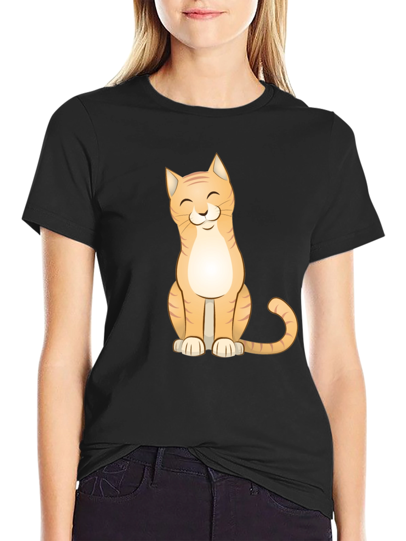Cute Cat Graphic Tee - Black Cotton T-Shirt