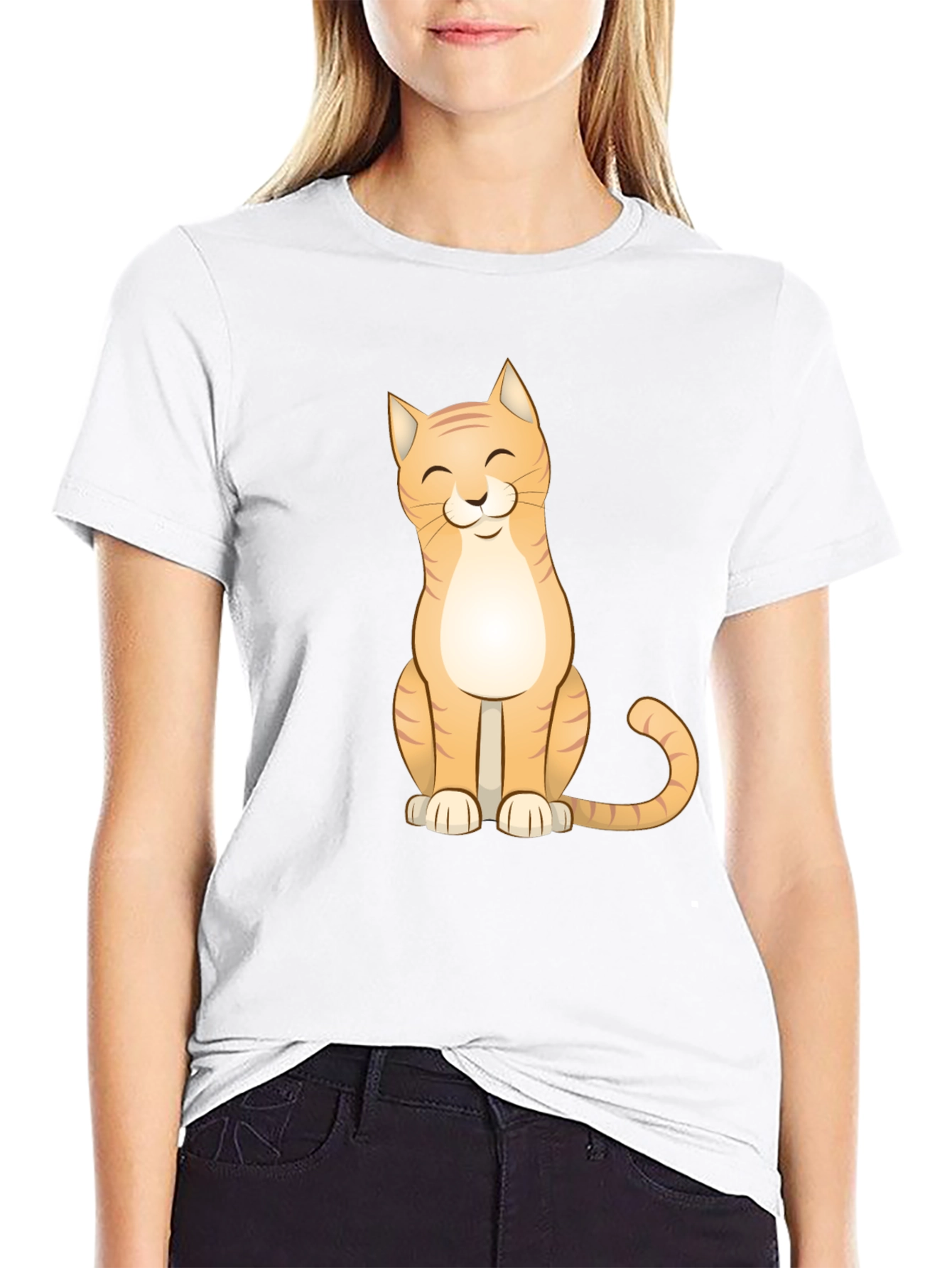 Cute Cat Graphic Tee - Black Cotton T-Shirt